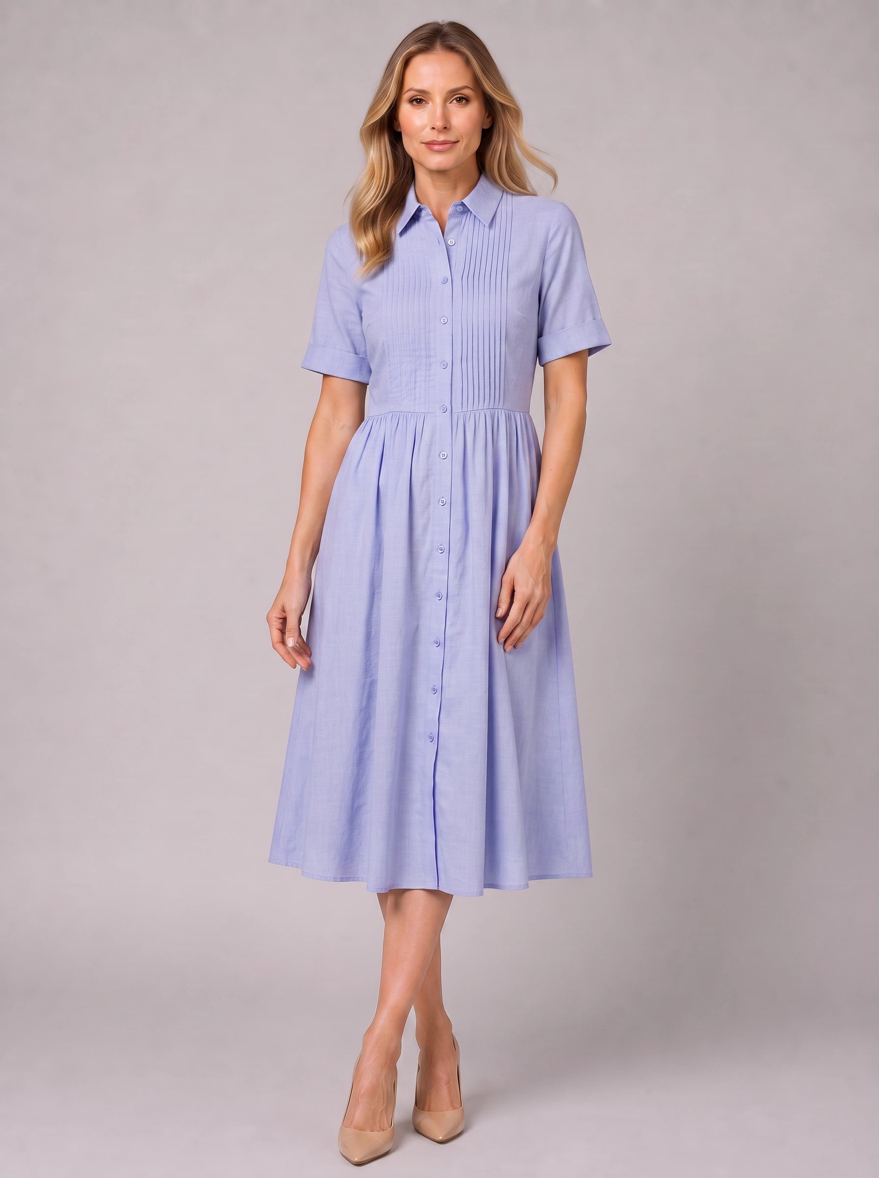 Pletisa Pintuck Shirt Maxi Dress – Women Summer Casual Business Formal Collared Button-Down Maxi Dress