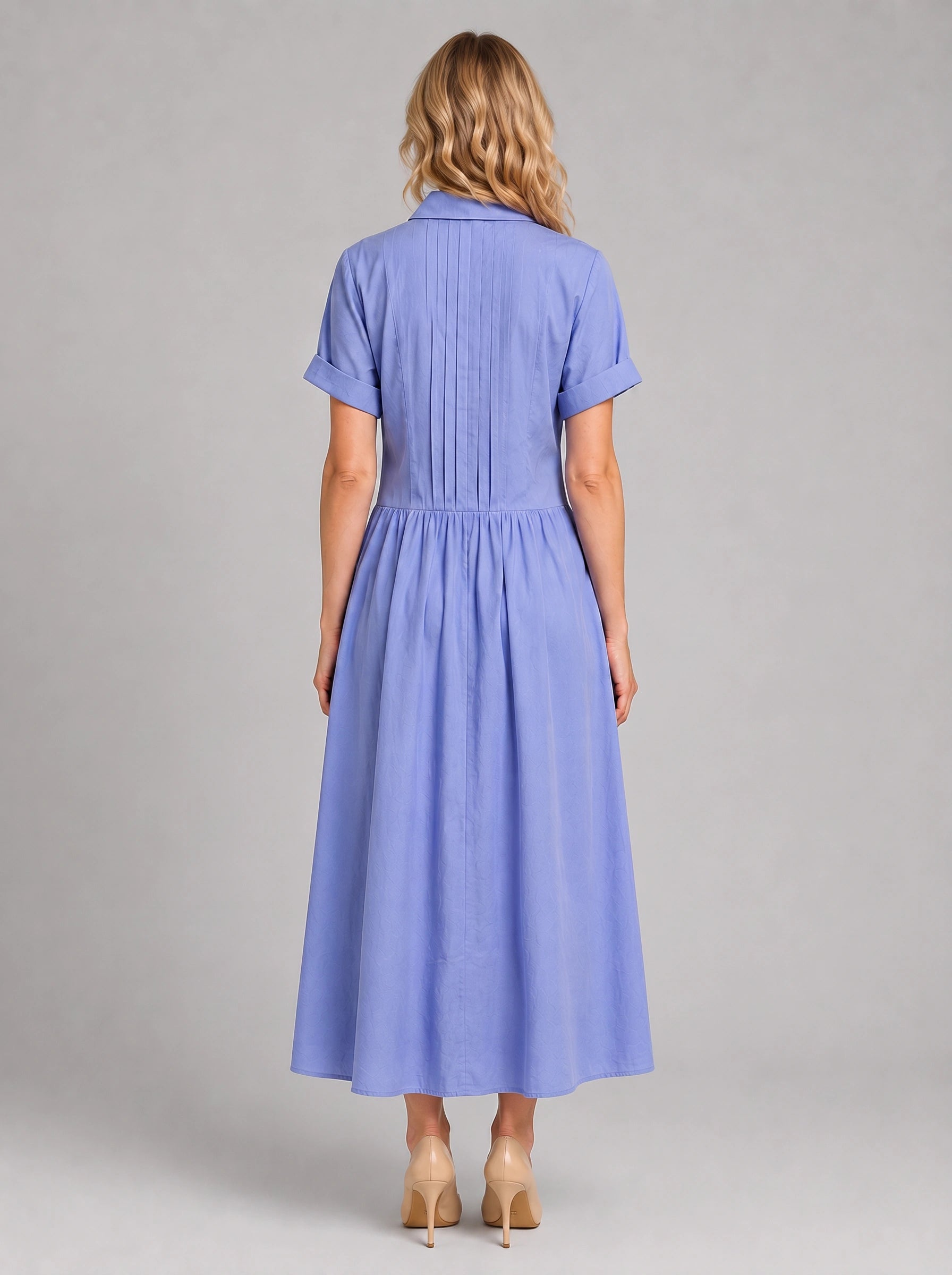 Pletisa Pintuck Shirt Maxi Dress – Women Summer Casual Business Formal Collared Button-Down Maxi Dress