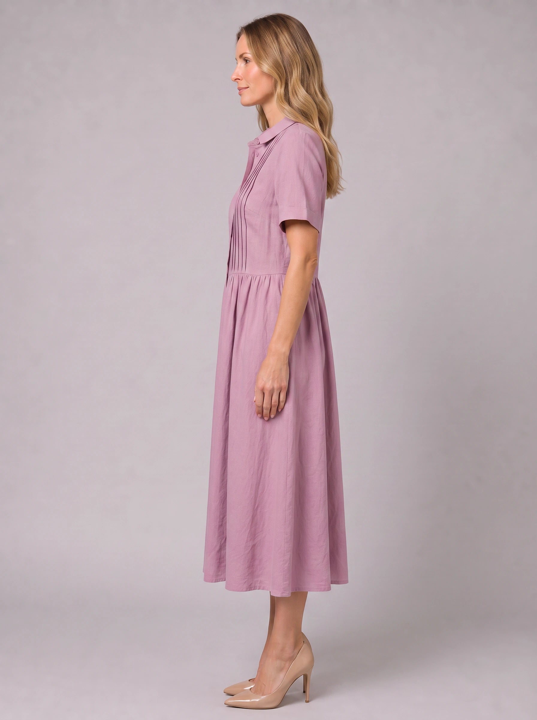 Pletisa Pintuck Shirt Maxi Dress – Women Summer Casual Business Formal Collared Button-Down Maxi Dress