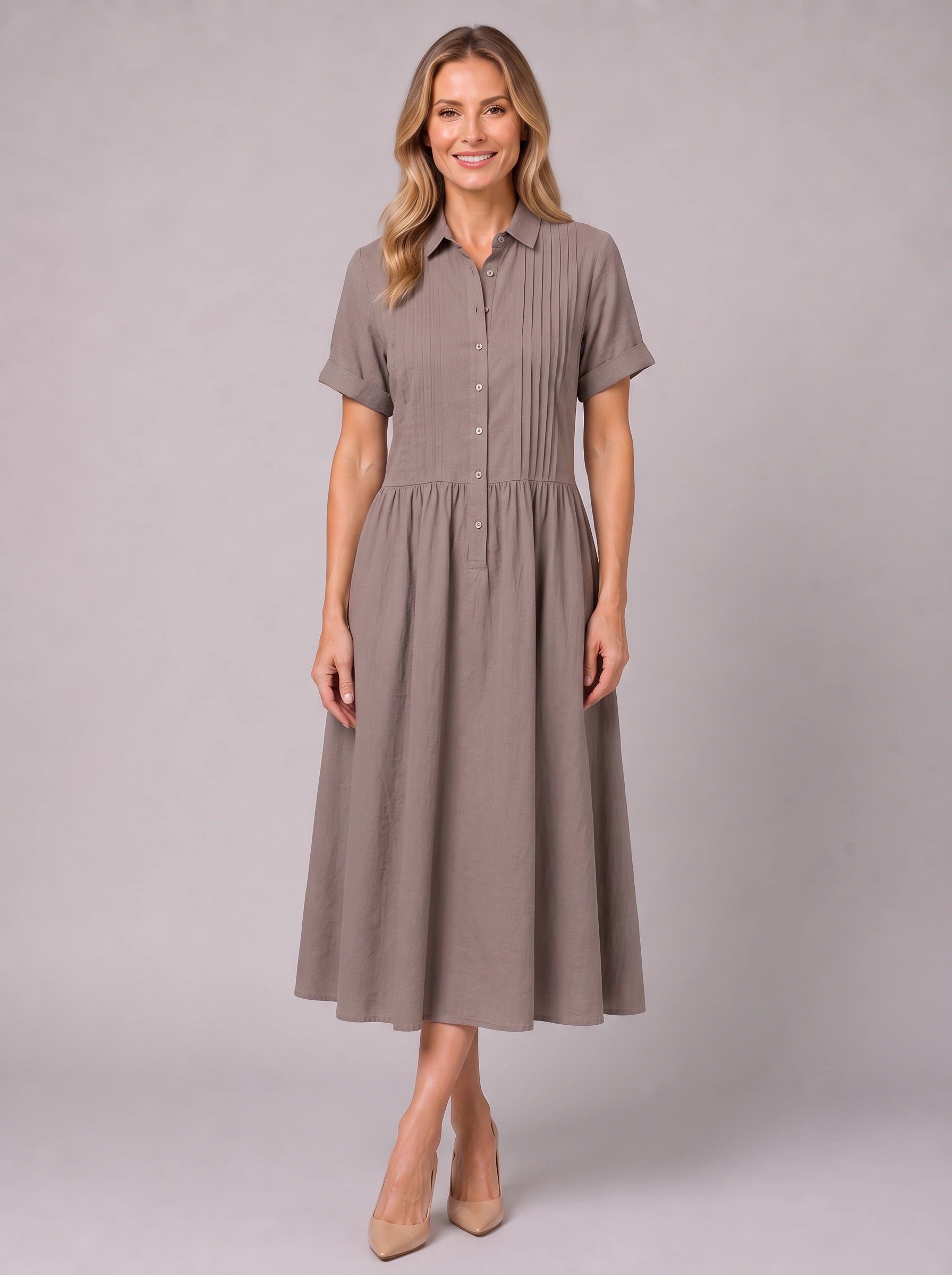 Pletisa Pintuck Shirt Maxi Dress – Women Summer Casual Business Formal Collared Button-Down Maxi Dress