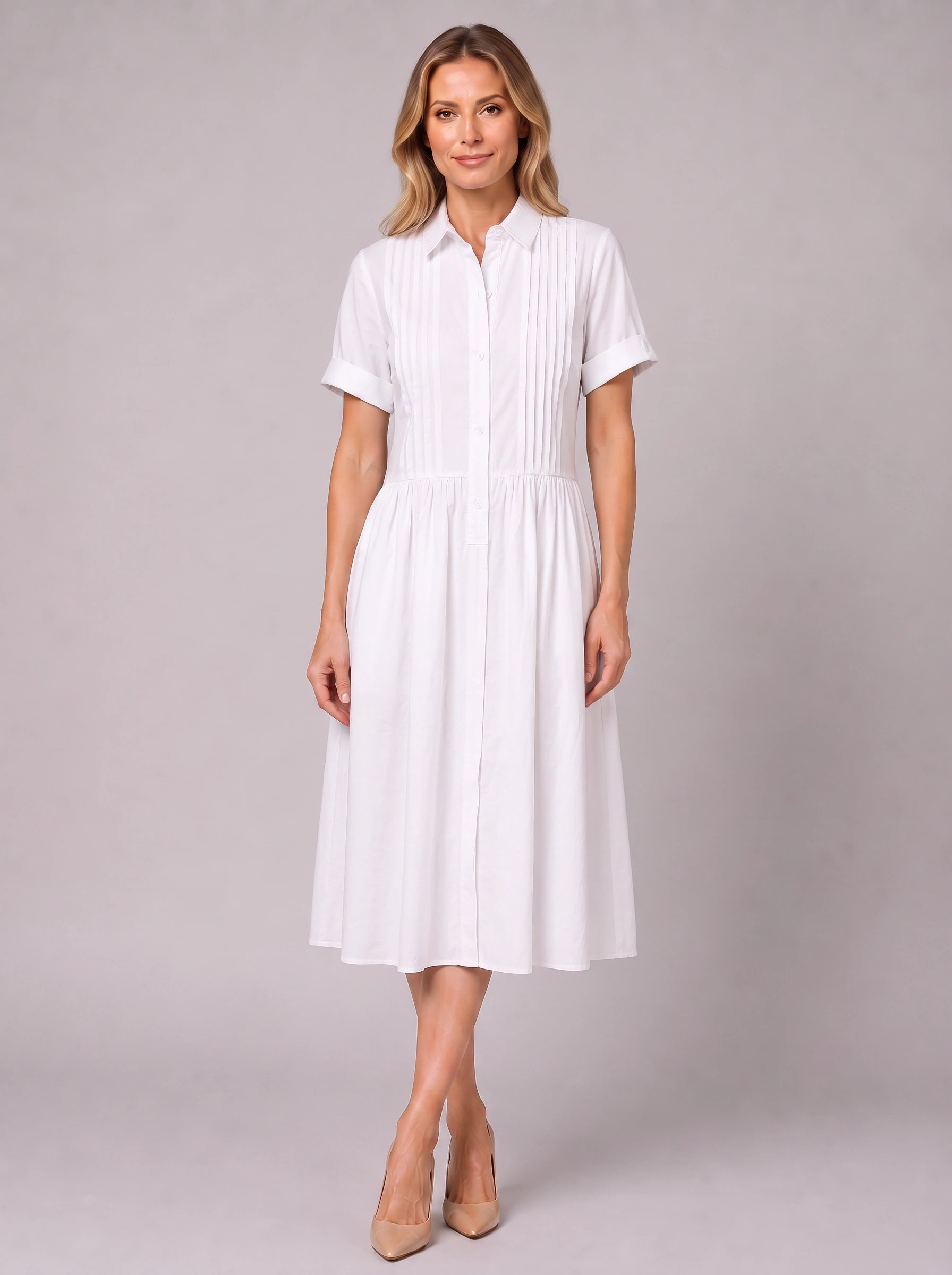 Pletisa Pintuck Shirt Maxi Dress – Women Summer Casual Business Formal Collared Button-Down Maxi Dress