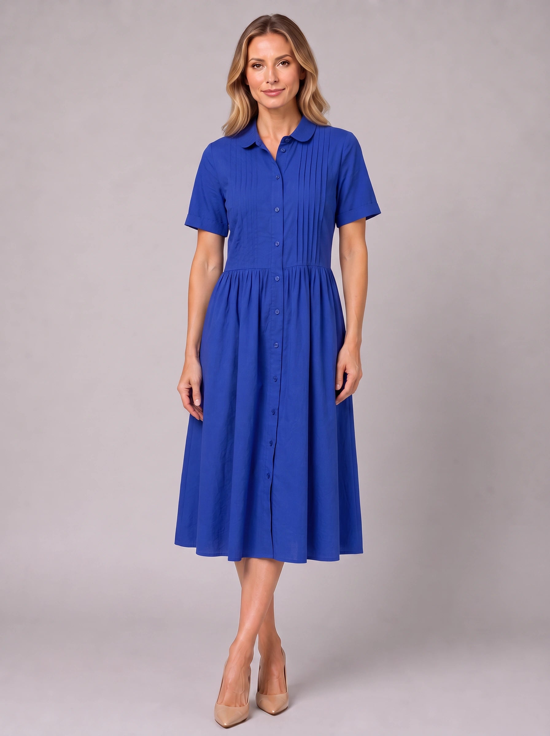 Pletisa Pintuck Shirt Maxi Dress – Women Summer Casual Business Formal Collared Button-Down Maxi Dress