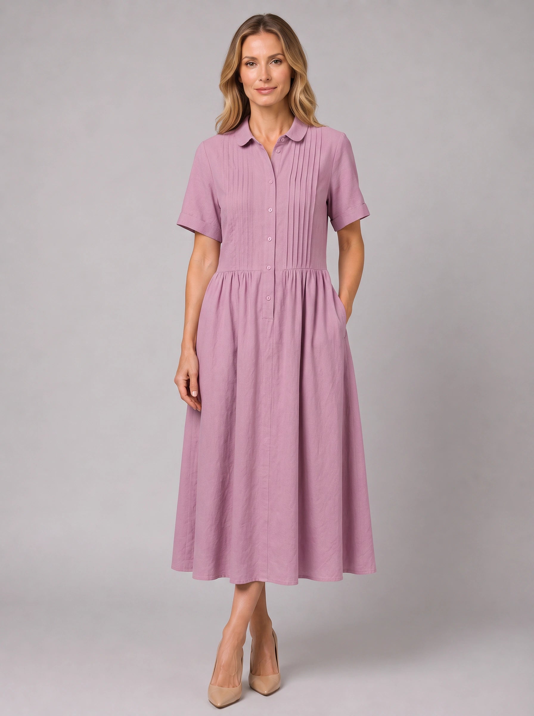 Pletisa Pintuck Shirt Maxi Dress – Women Summer Casual Business Formal Collared Button-Down Maxi Dress