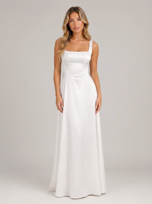 Linosia Corset Bodice Maxi Dress – Square Neck Formal Women Wedding Guest Cocktail Elegant Evening Maxi Dress