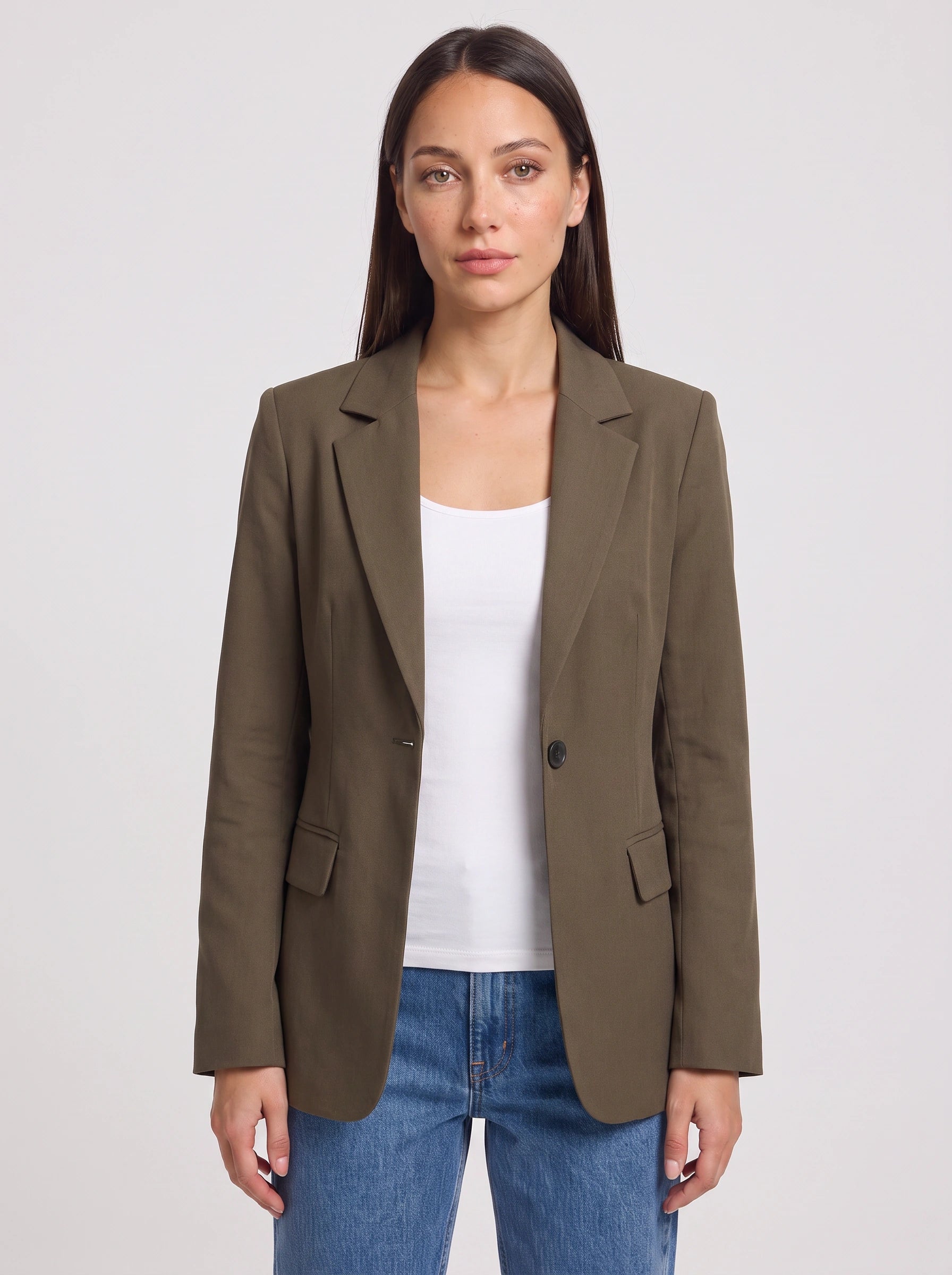 Sabrio Single-Button Tailored Blazer – Women Olive Green Structured Office Workwear Longline Blazer
