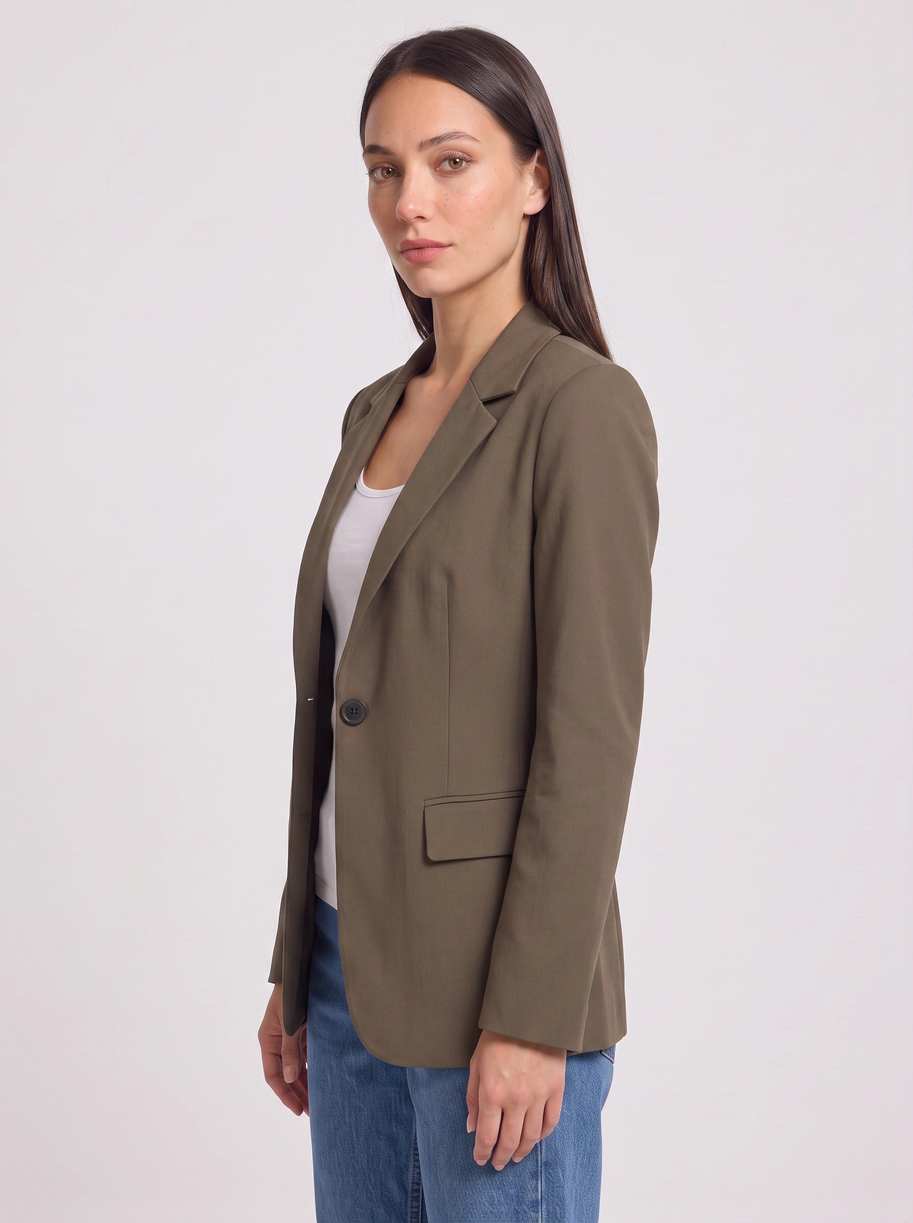Sabrio Single-Button Tailored Blazer – Women Olive Green Structured Office Workwear Longline Blazer