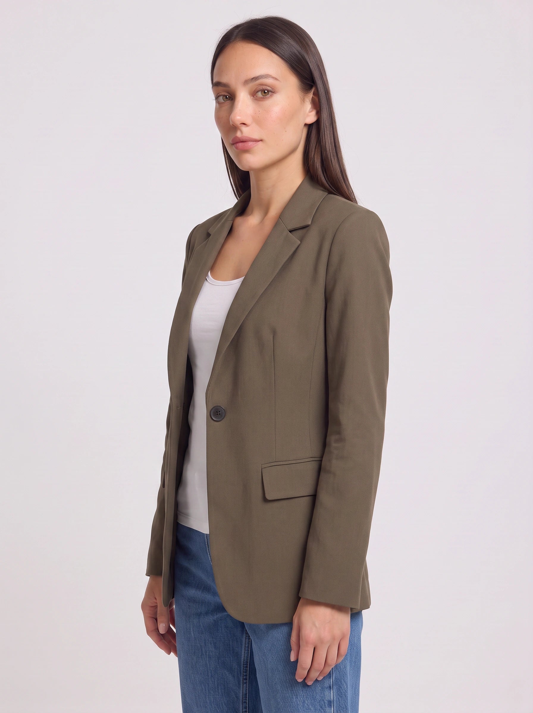 Sabrio Single-Button Tailored Blazer – Women Olive Green Structured Office Workwear Longline Blazer