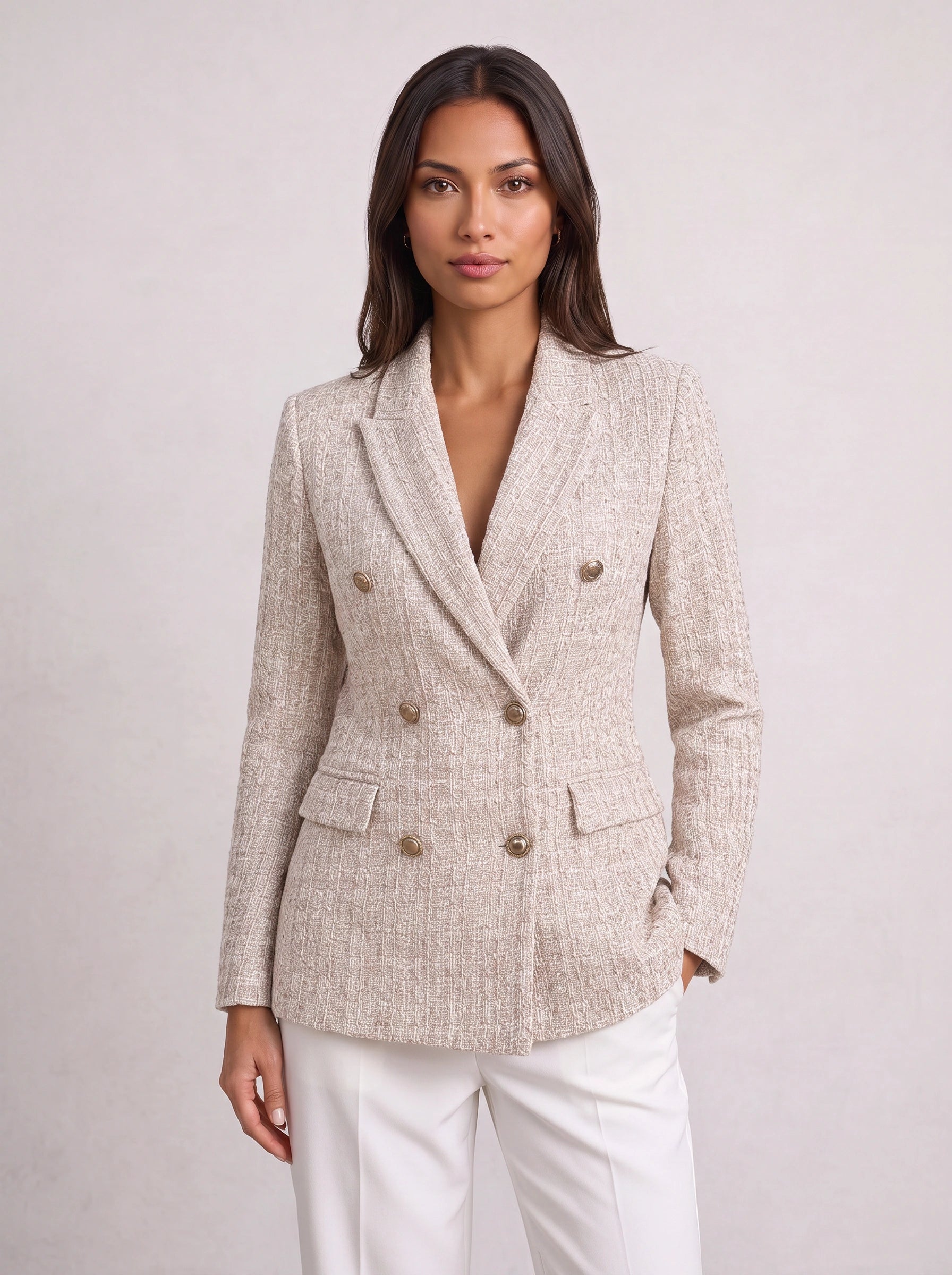 Tessina Double-Breasted Tweed Blazer – Women Tailored Blazer Jacket Office Workwear Formal Longline Blazer