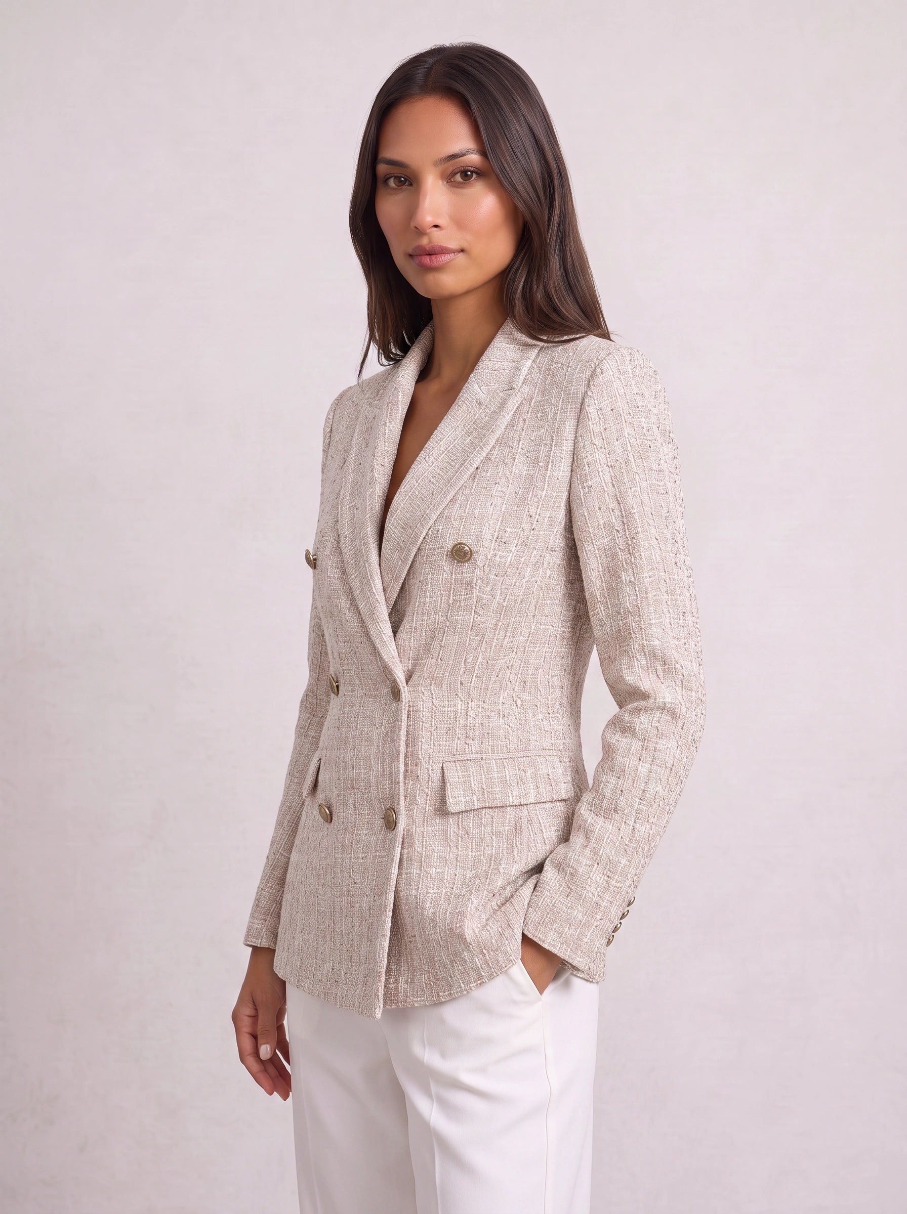 Tessina Double-Breasted Tweed Blazer – Women Tailored Blazer Jacket Office Workwear Formal Longline Blazer