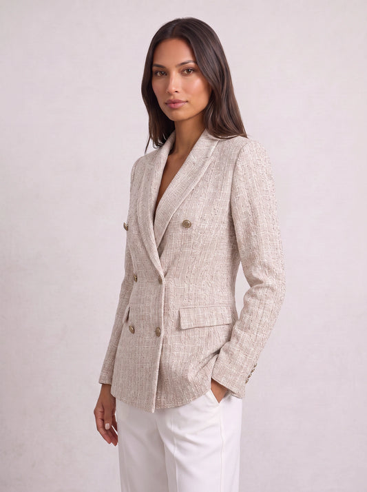 Tessina Double-Breasted Tweed Blazer – Women Tailored Blazer Jacket Office Workwear Formal Longline Blazer