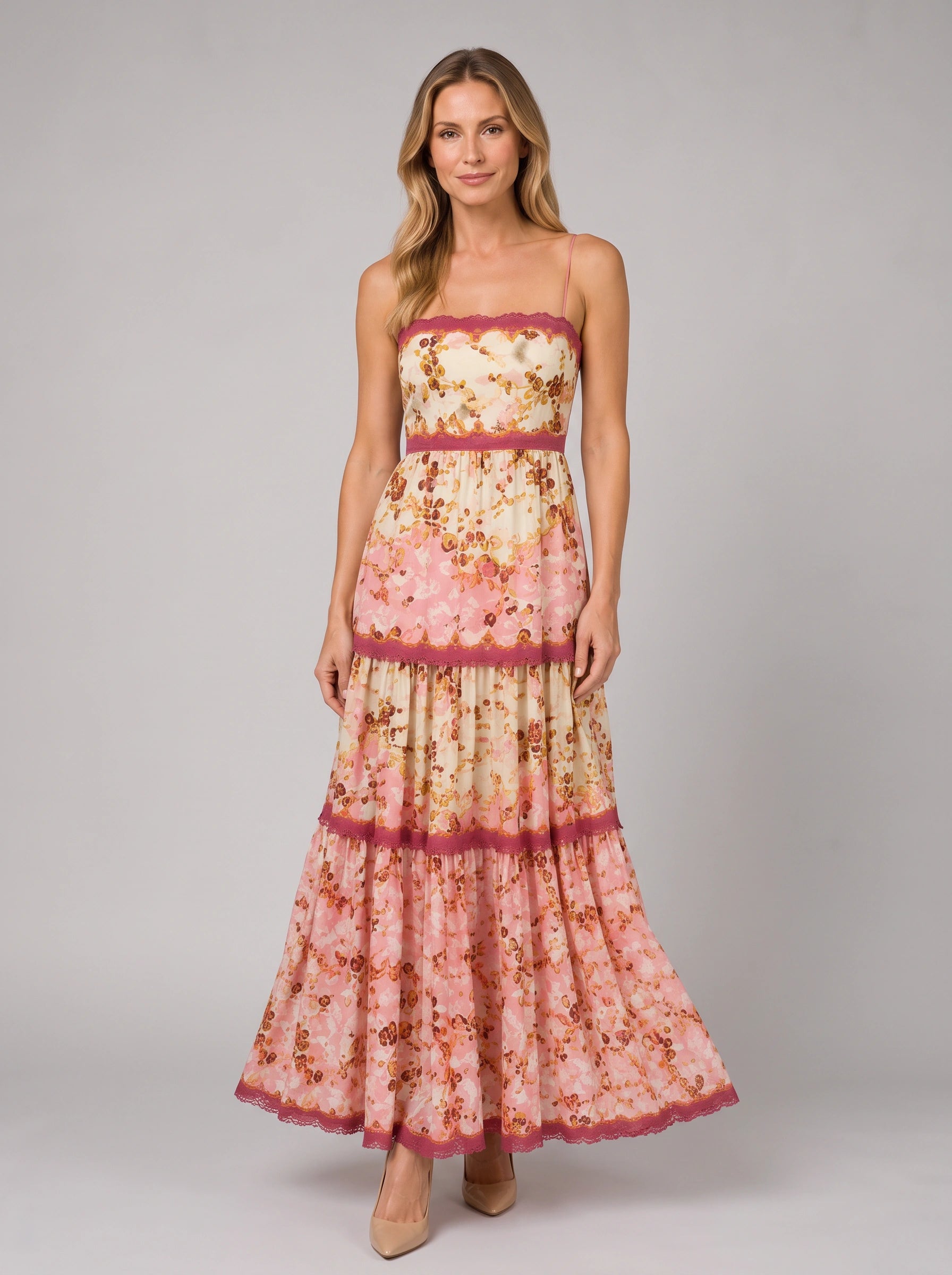 Fioriella Tiered Floral Maxi Dress – Women Summer Wedding Guest Lace Trim Formal Evening Maxi Dress