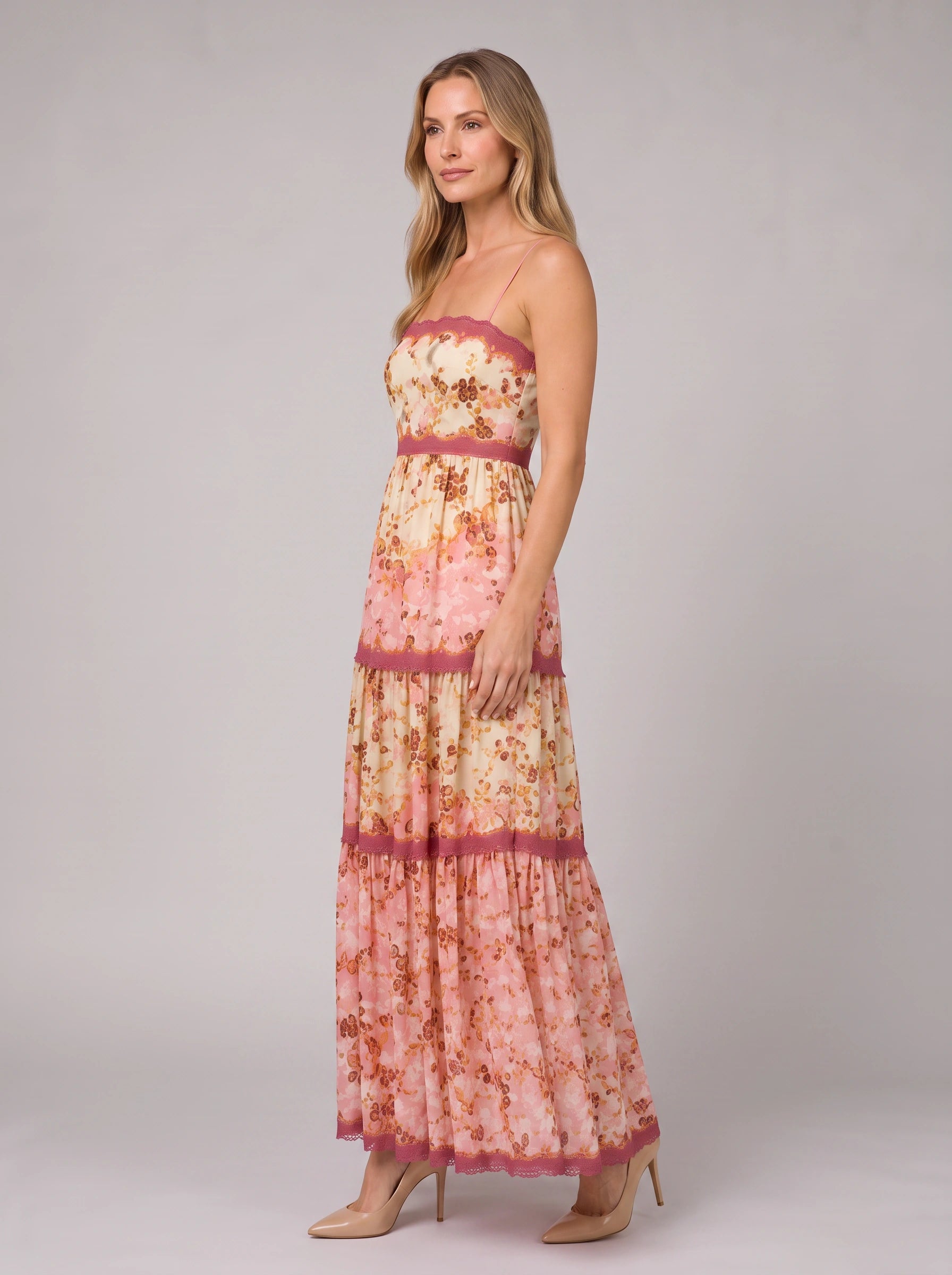 Fioriella Tiered Floral Maxi Dress – Women Summer Wedding Guest Lace Trim Formal Evening Maxi Dress