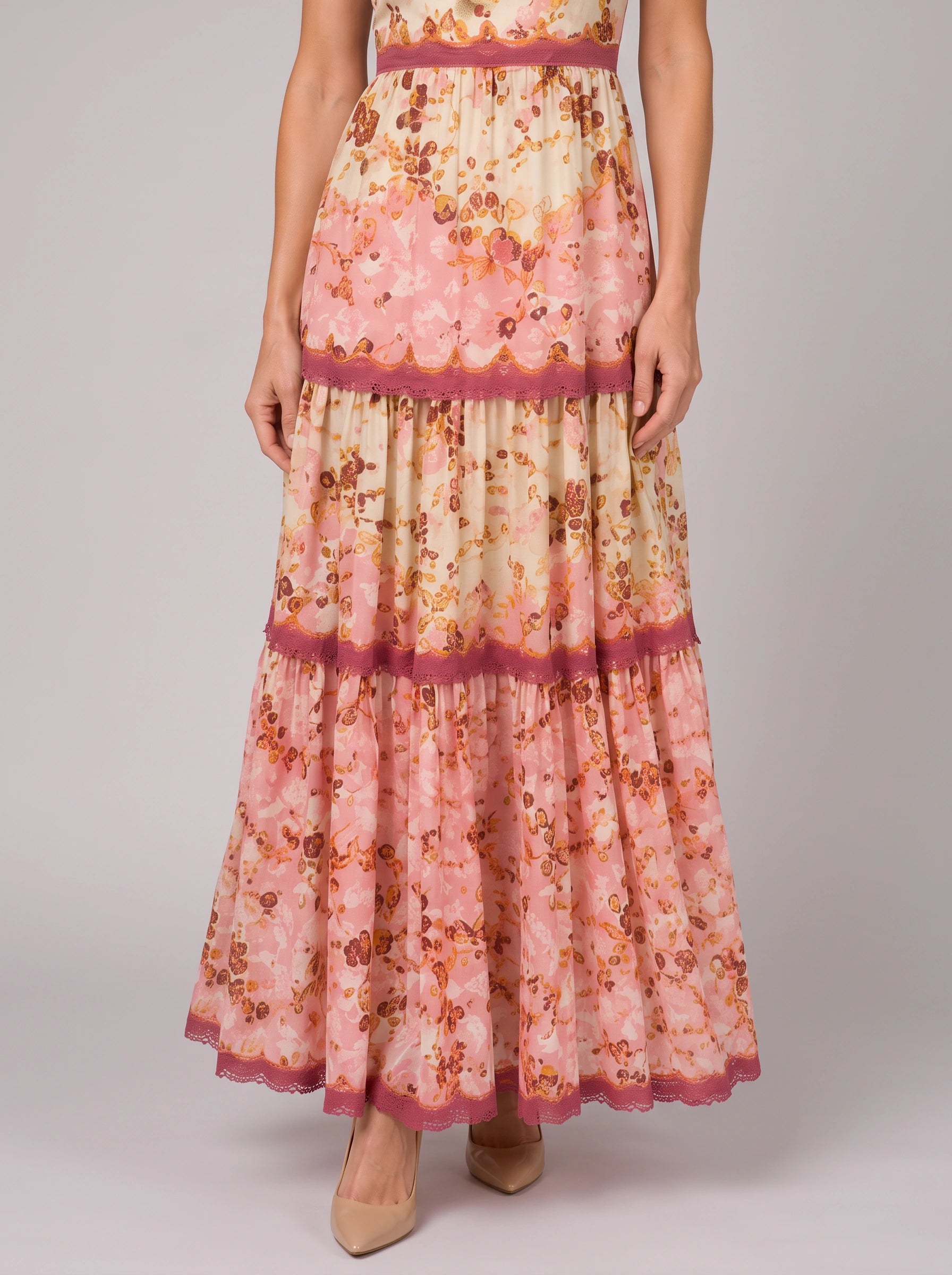 Fioriella Tiered Floral Maxi Dress – Women Summer Wedding Guest Lace Trim Formal Evening Maxi Dress