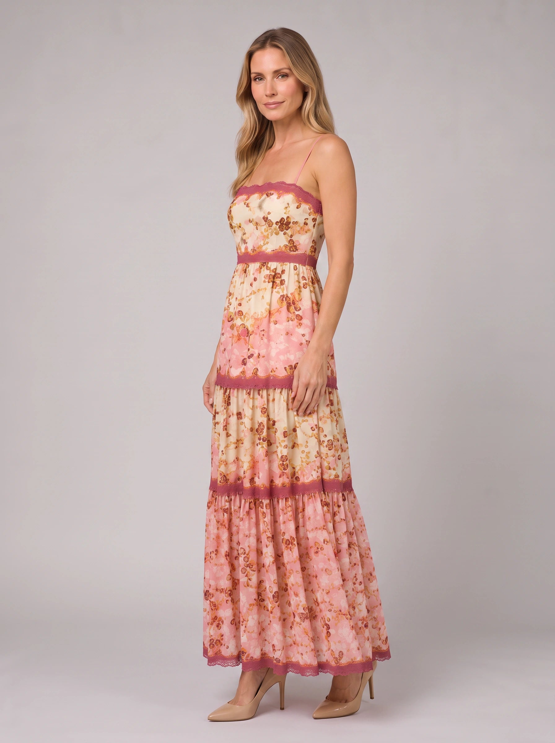 Fioriella Tiered Floral Maxi Dress – Women Summer Wedding Guest Lace Trim Formal Evening Maxi Dress