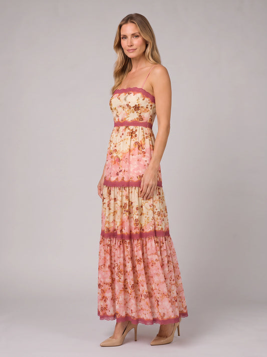 Fioriella Tiered Floral Maxi Dress – Women Summer Wedding Guest Lace Trim Formal Evening Maxi Dress