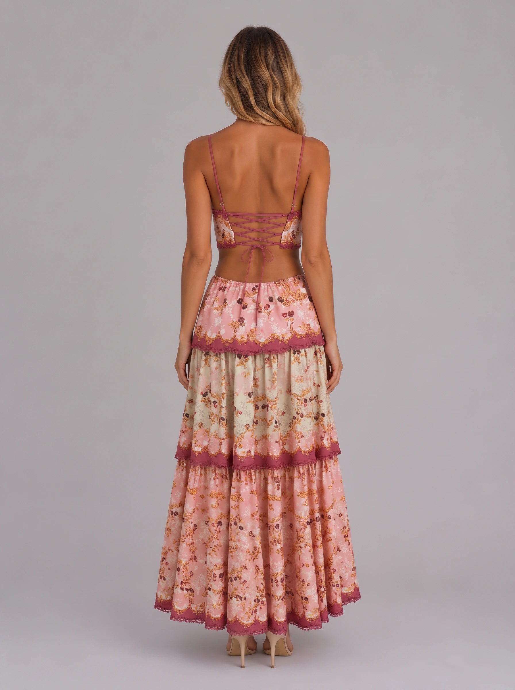 Fioriella Tiered Floral Maxi Dress – Women Summer Wedding Guest Lace Trim Formal Evening Maxi Dress