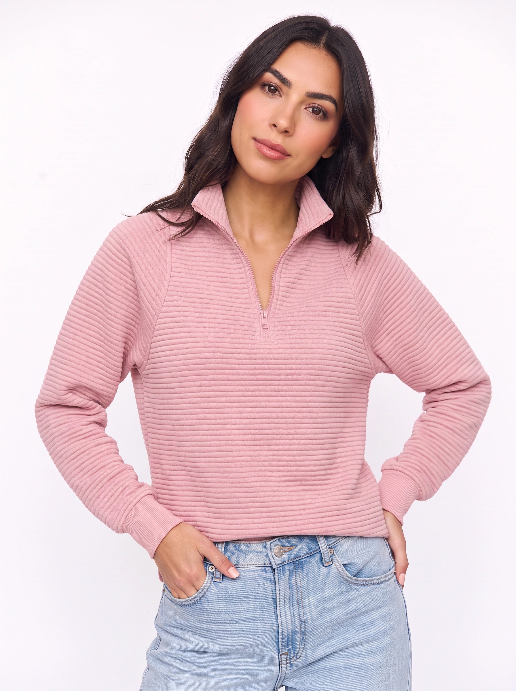 Ridgemont Half-Zip Pullover Sweater – Women Casual Ribbed Knit Zip Neck Jumper Loungewear Oversized Top