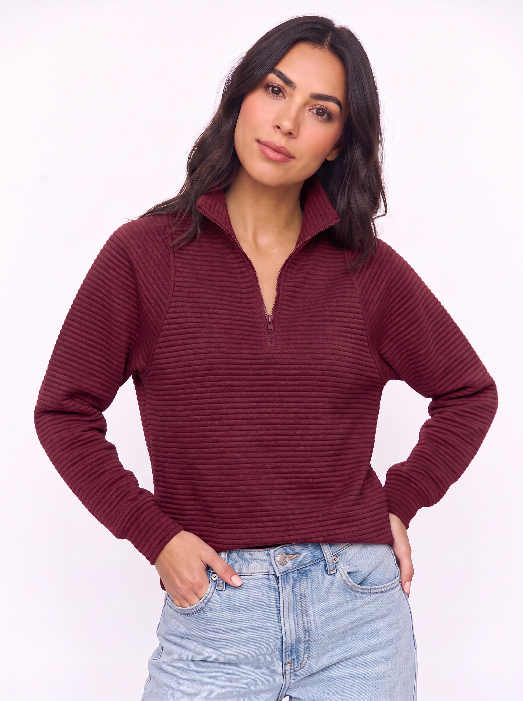 Ridgemont Half-Zip Pullover Sweater – Women Casual Ribbed Knit Zip Neck Jumper Loungewear Oversized Top