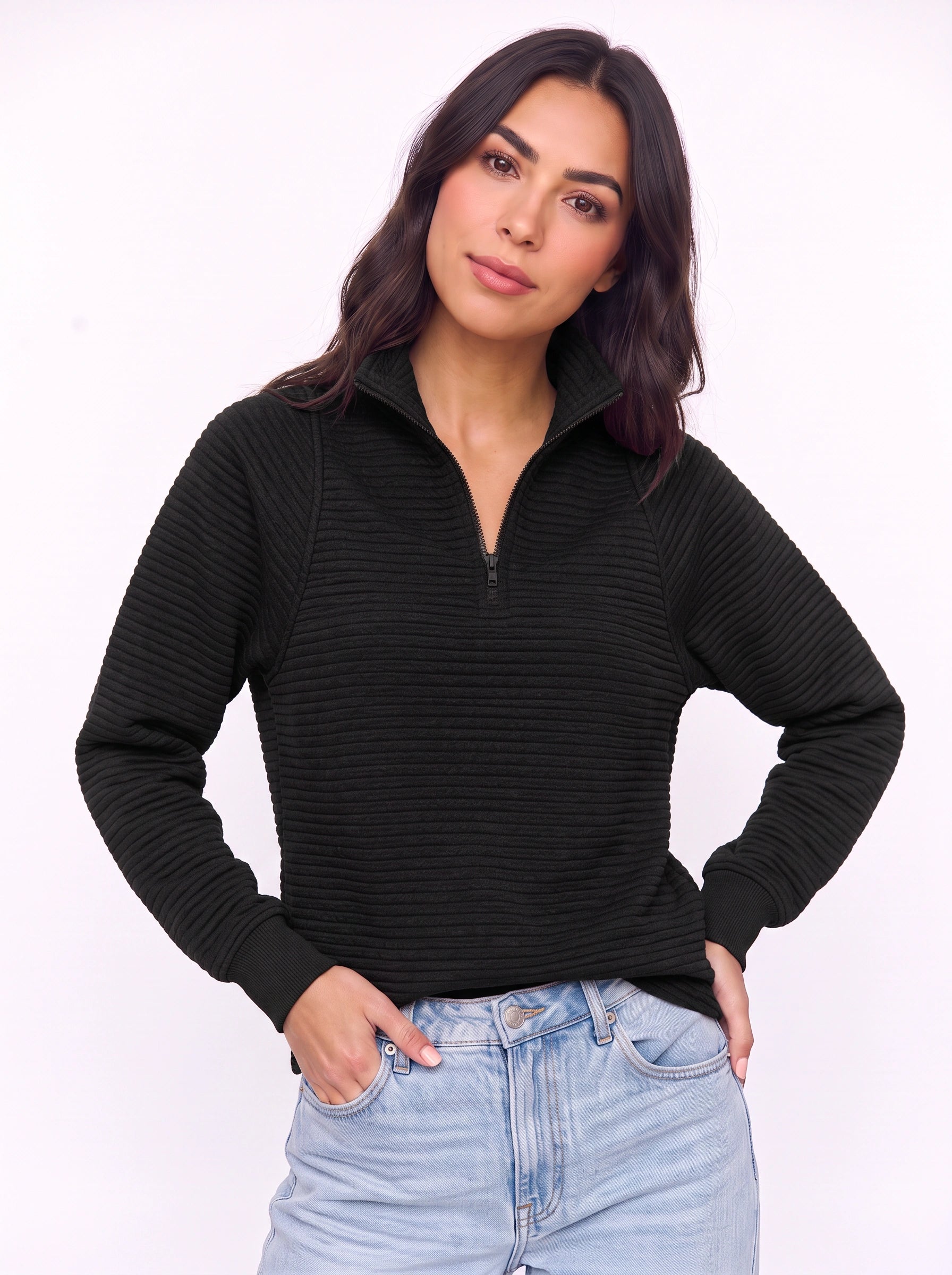Ridgemont Half-Zip Pullover Sweater – Women Casual Ribbed Knit Zip Neck Jumper Loungewear Oversized Top