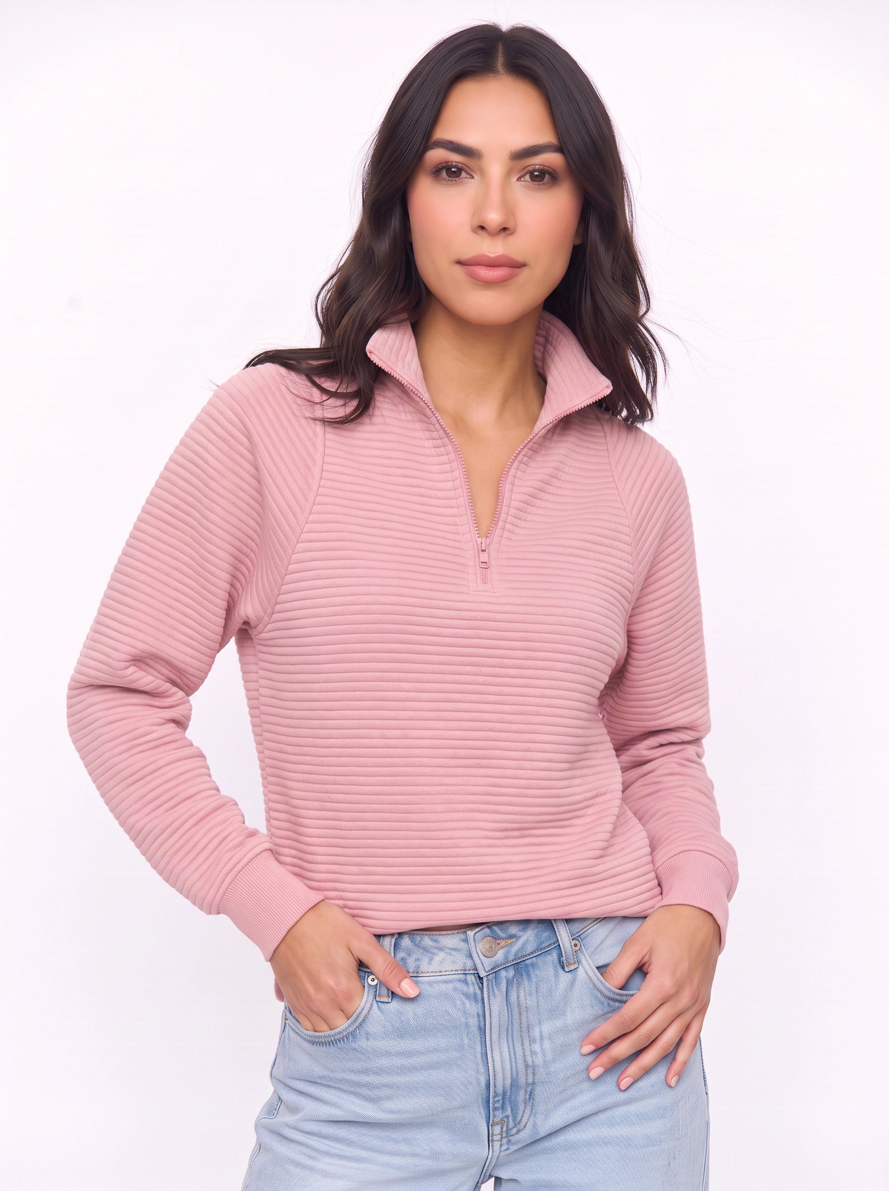 Ridgemont Half-Zip Pullover Sweater – Women Casual Ribbed Knit Zip Neck Jumper Loungewear Oversized Top