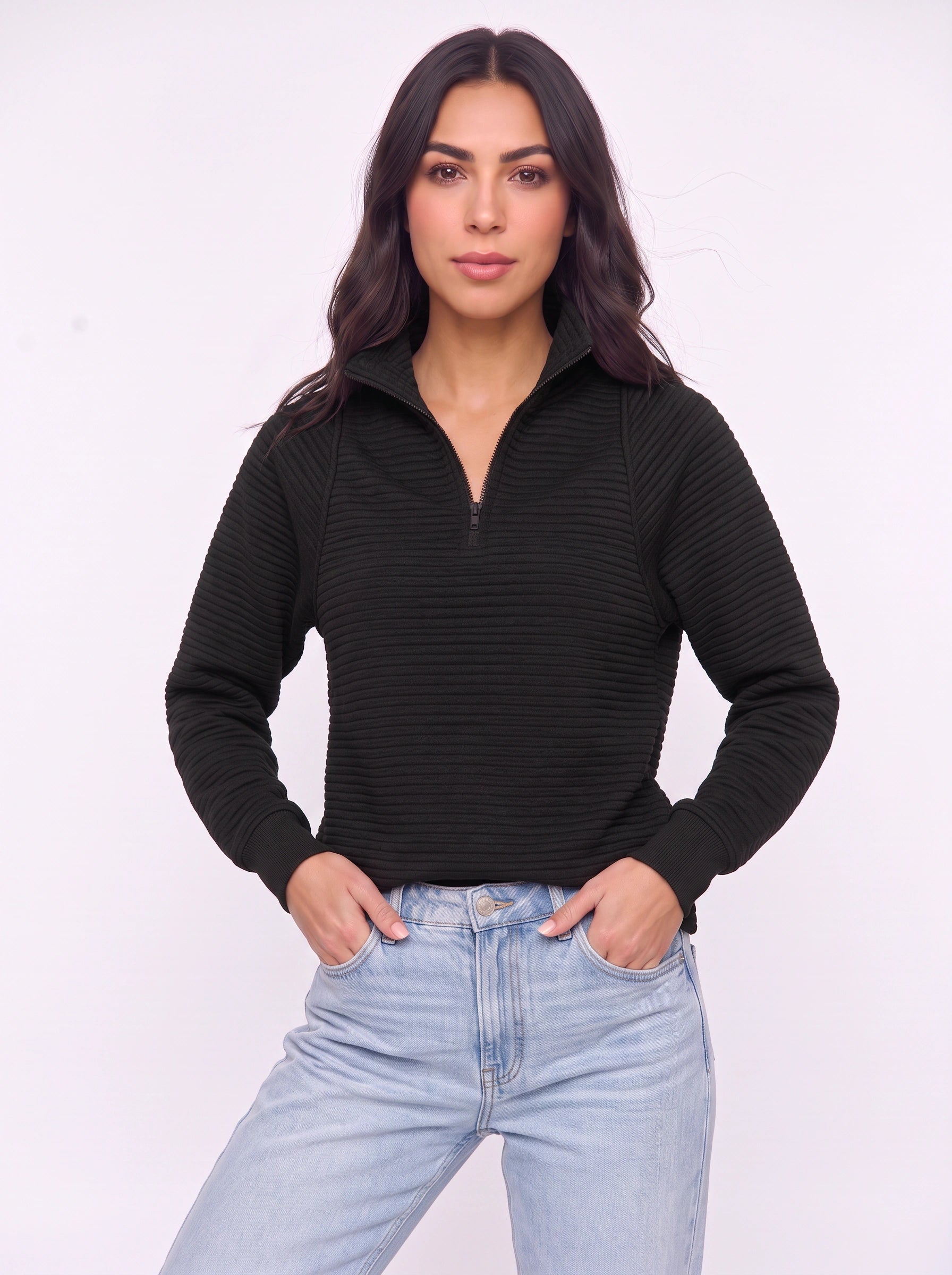 Ridgemont Half-Zip Pullover Sweater – Women Casual Ribbed Knit Zip Neck Jumper Loungewear Oversized Top