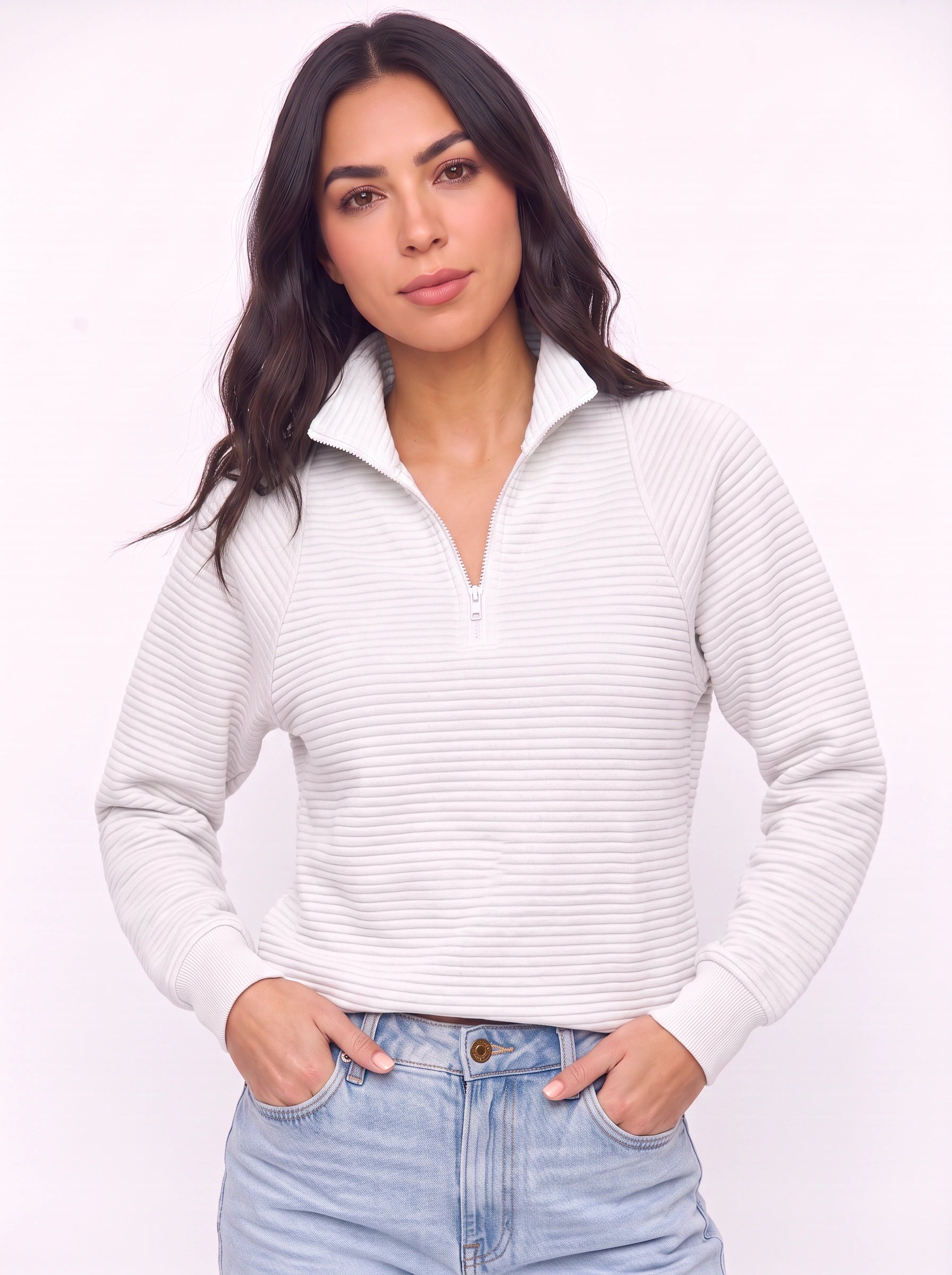 Ridgemont Half-Zip Pullover Sweater – Women Casual Ribbed Knit Zip Neck Jumper Loungewear Oversized Top