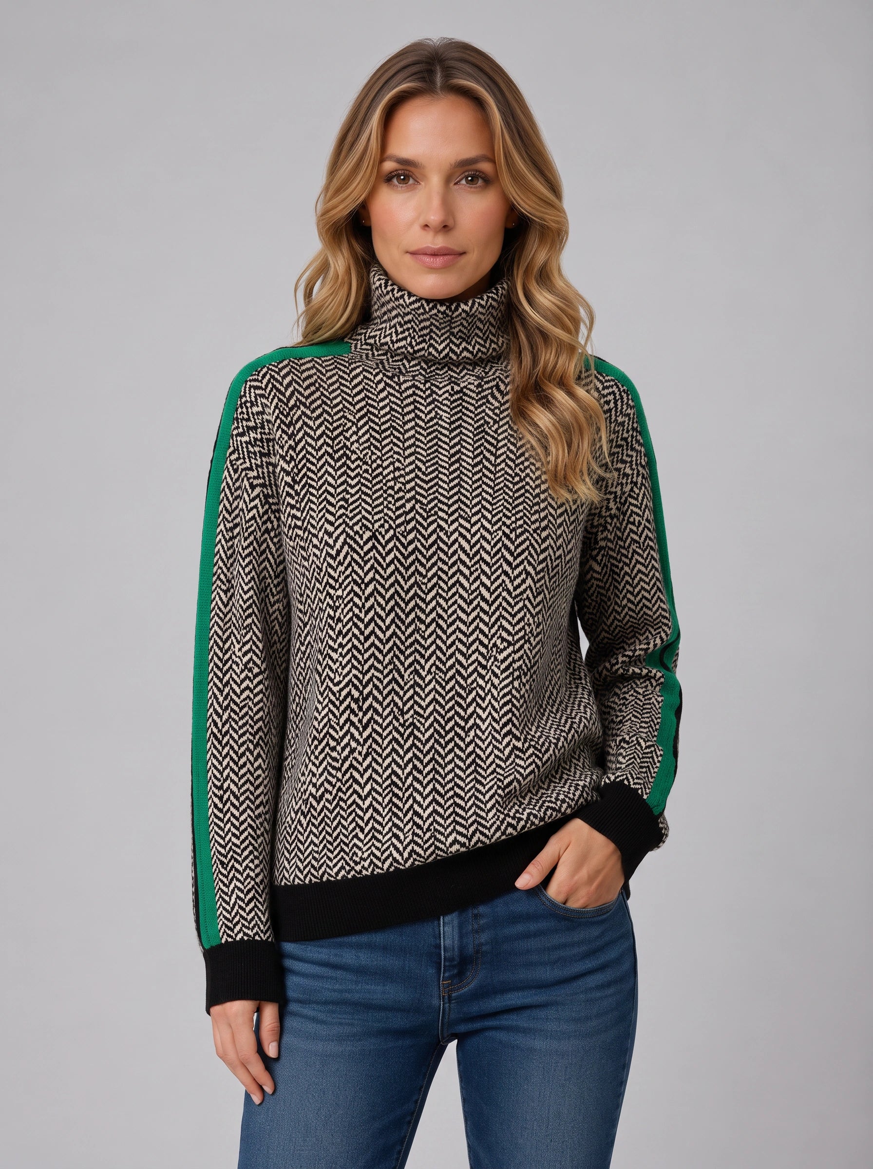 Zigara Herringbone Turtleneck Sweater – Colorblock Knit Women Casual Retro Preppy High Neck Jumper