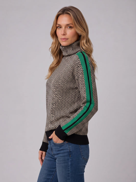 Zigara Herringbone Turtleneck Sweater – Colorblock Knit Women Casual Retro Preppy High Neck Jumper