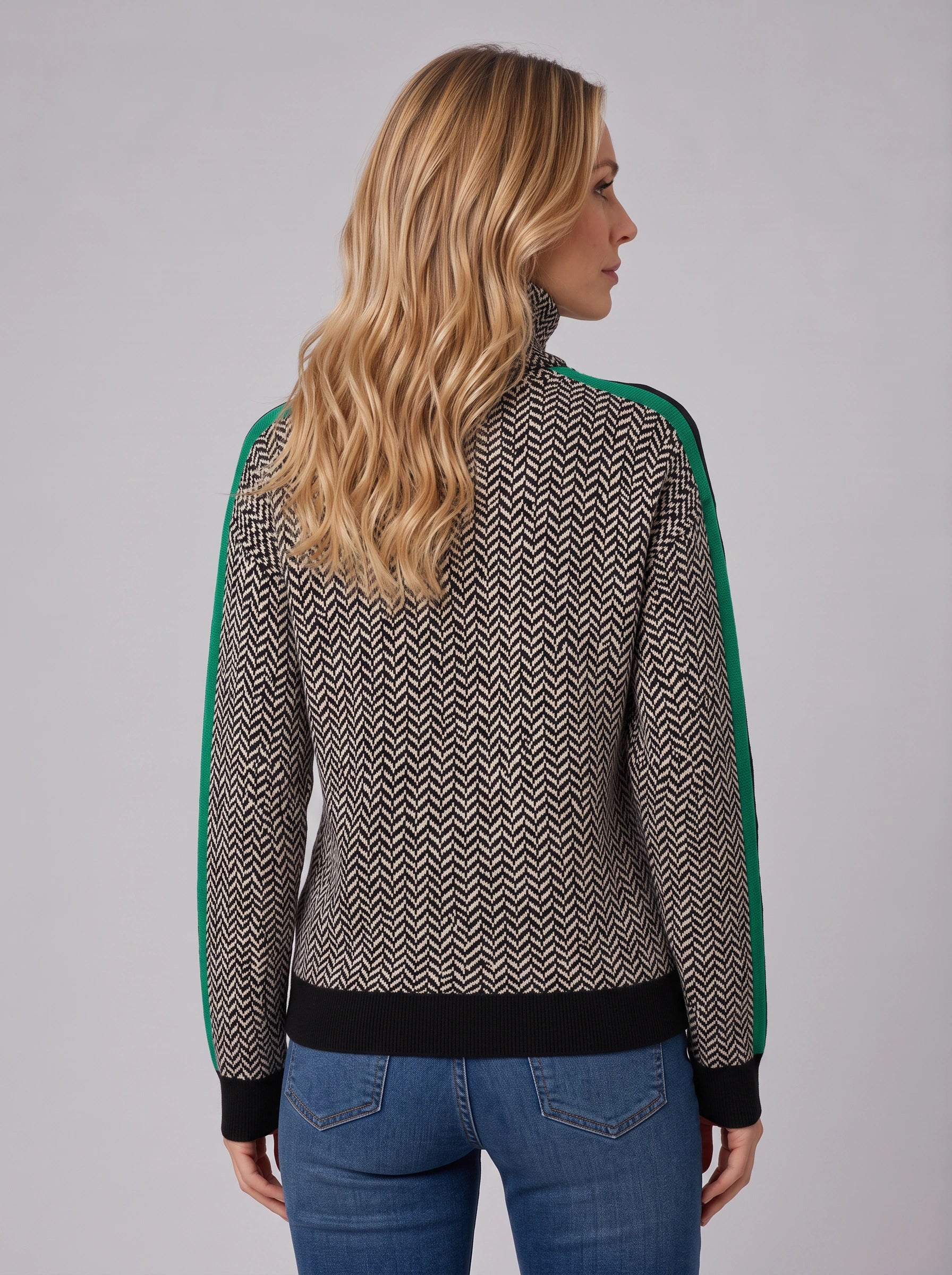 Zigara Herringbone Turtleneck Sweater – Colorblock Knit Women Casual Retro Preppy High Neck Jumper