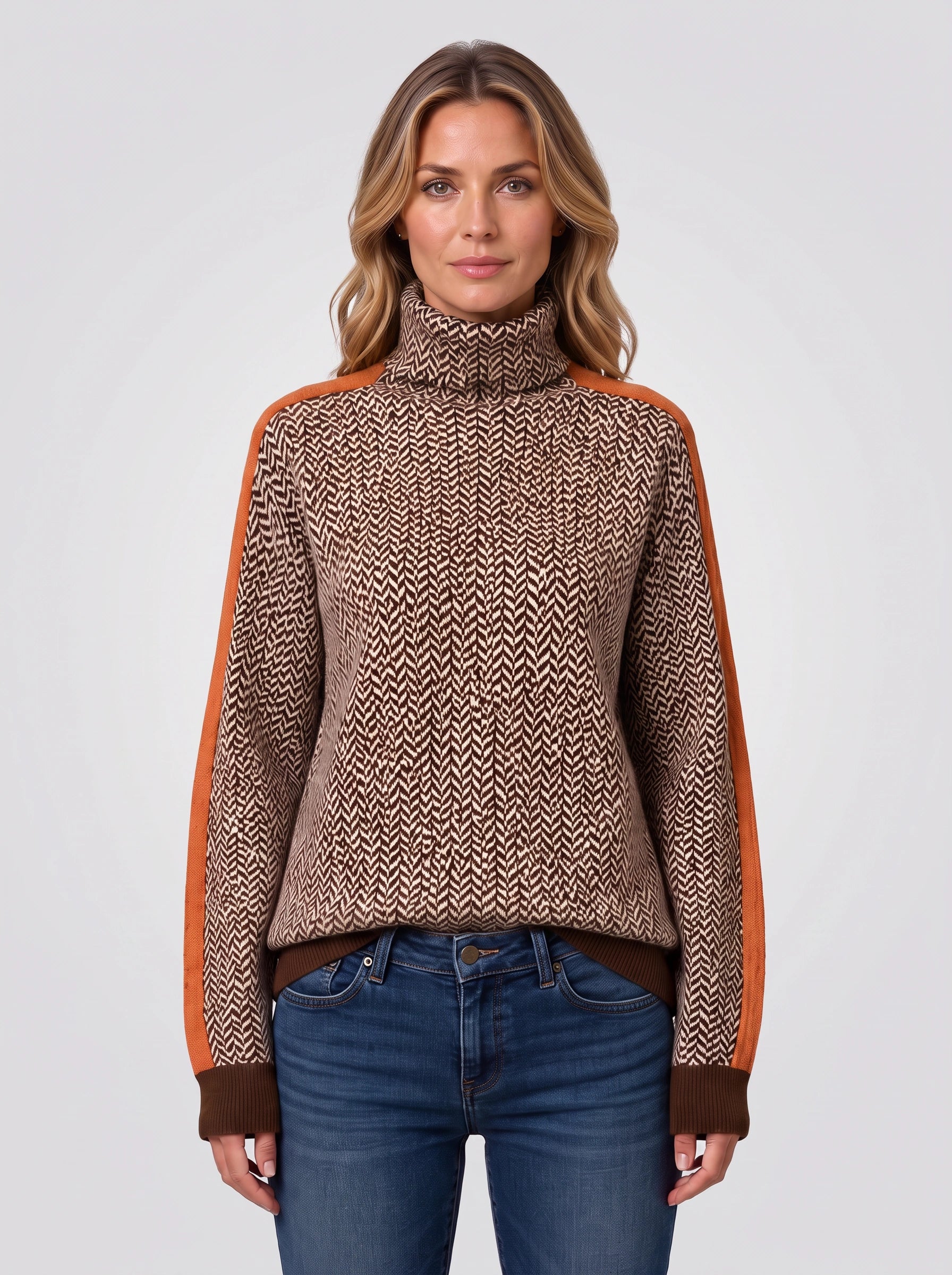Zigara Herringbone Turtleneck Sweater – Colorblock Knit Women Casual Retro Preppy High Neck Jumper