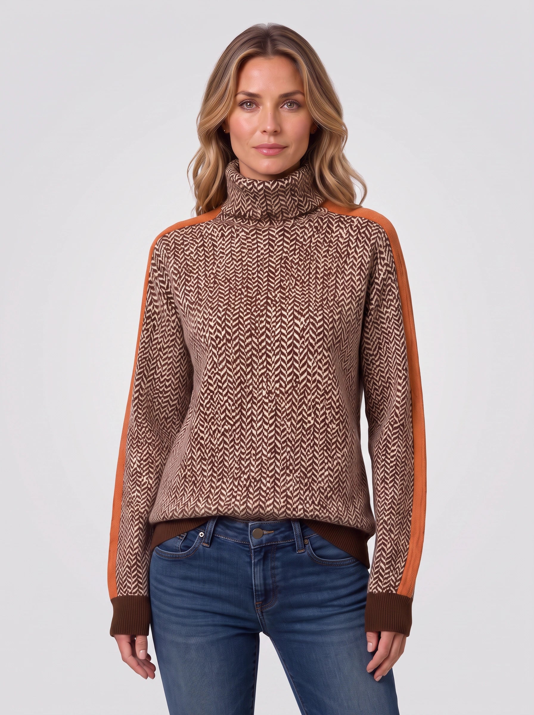 Zigara Herringbone Turtleneck Sweater – Colorblock Knit Women Casual Retro Preppy High Neck Jumper
