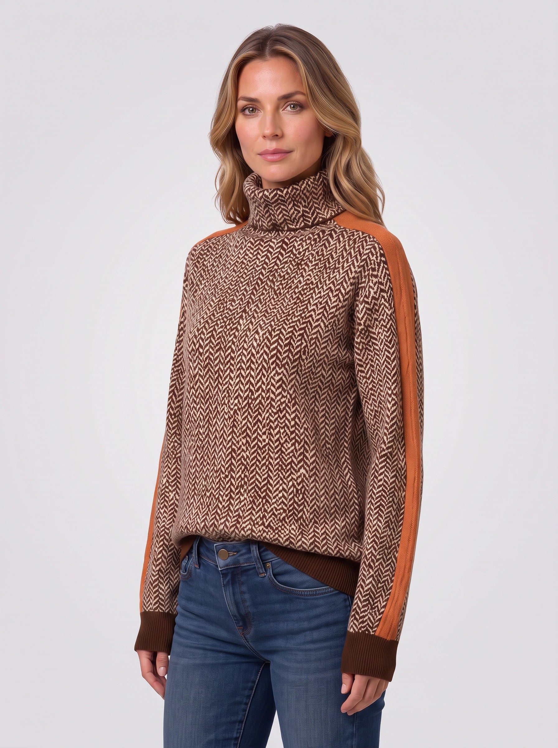 Zigara Herringbone Turtleneck Sweater – Colorblock Knit Women Casual Retro Preppy High Neck Jumper