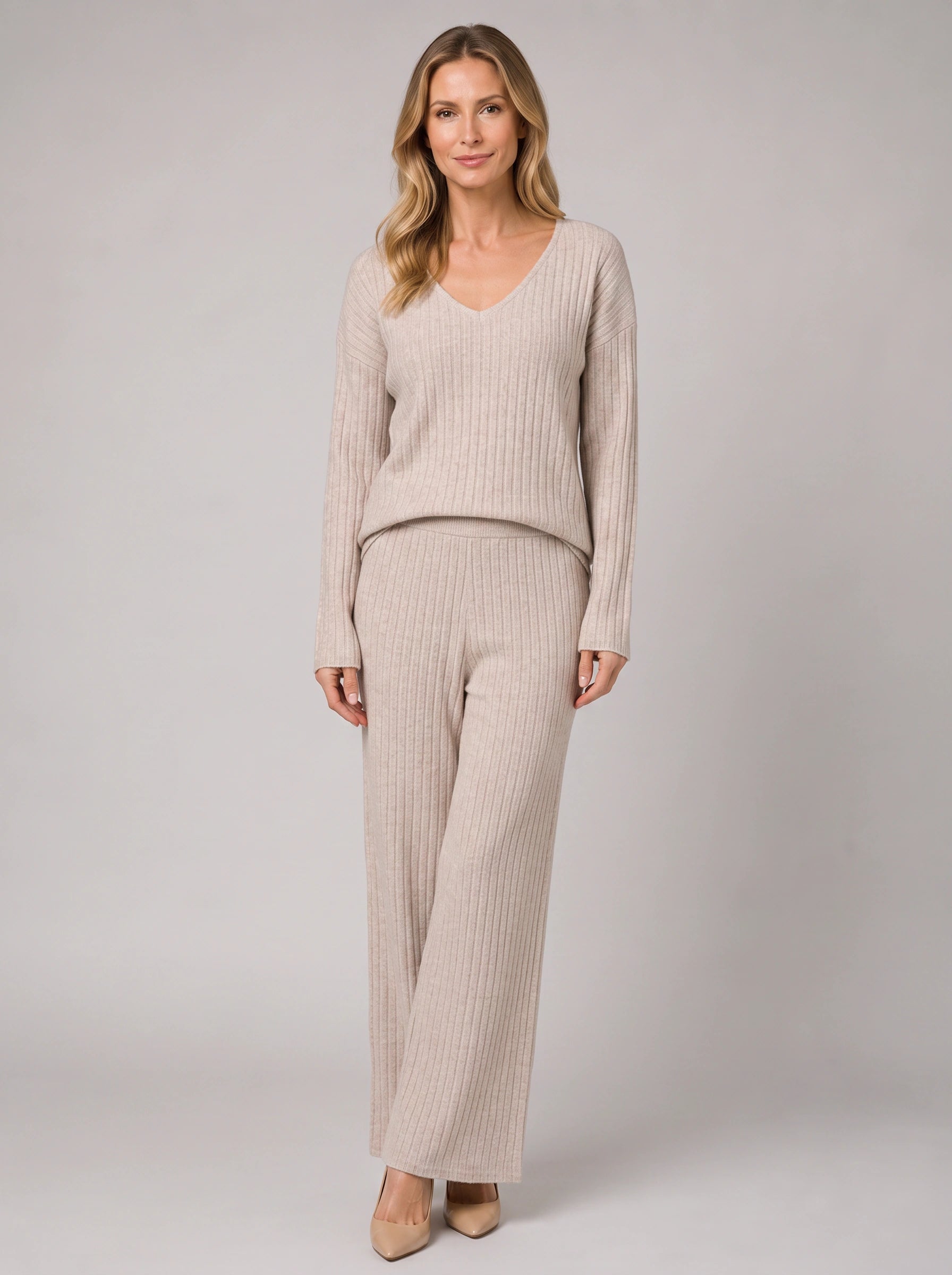 Costara Ribbed V-Neck Lounge Set – Women Knit Sweater Wide Leg Trousers Co-Ord Casual Loungewear