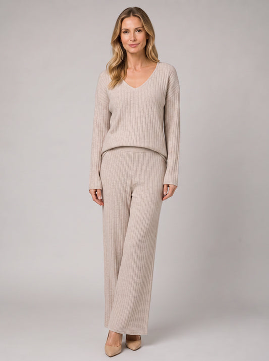Costara Ribbed V-Neck Lounge Set – Women Knit Sweater Wide Leg Trousers Co-Ord Casual Loungewear