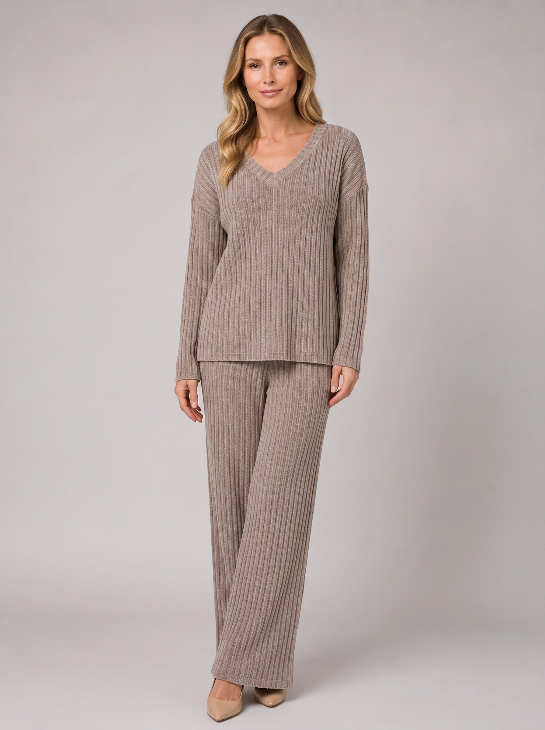 Costara Ribbed V-Neck Lounge Set – Women Knit Sweater Wide Leg Trousers Co-Ord Casual Loungewear