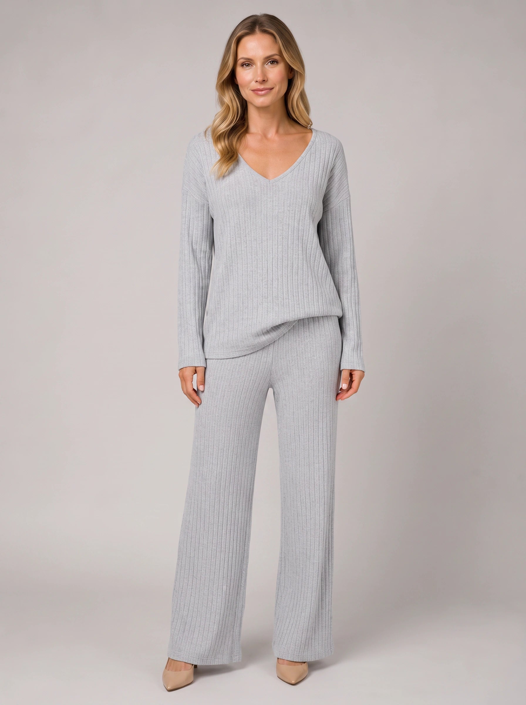 Costara Ribbed V-Neck Lounge Set – Women Knit Sweater Wide Leg Trousers Co-Ord Casual Loungewear