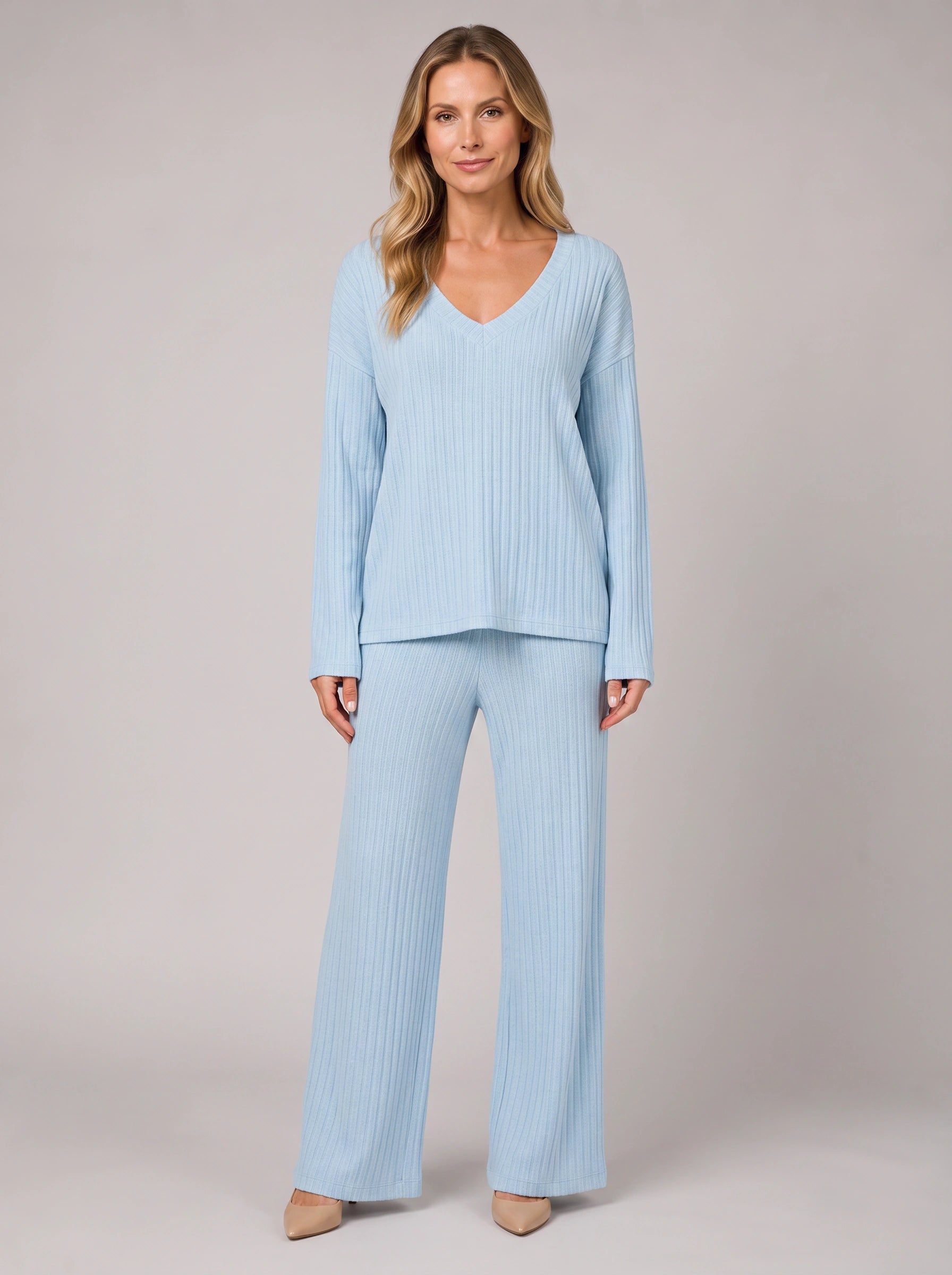 Costara Ribbed V-Neck Lounge Set – Women Knit Sweater Wide Leg Trousers Co-Ord Casual Loungewear