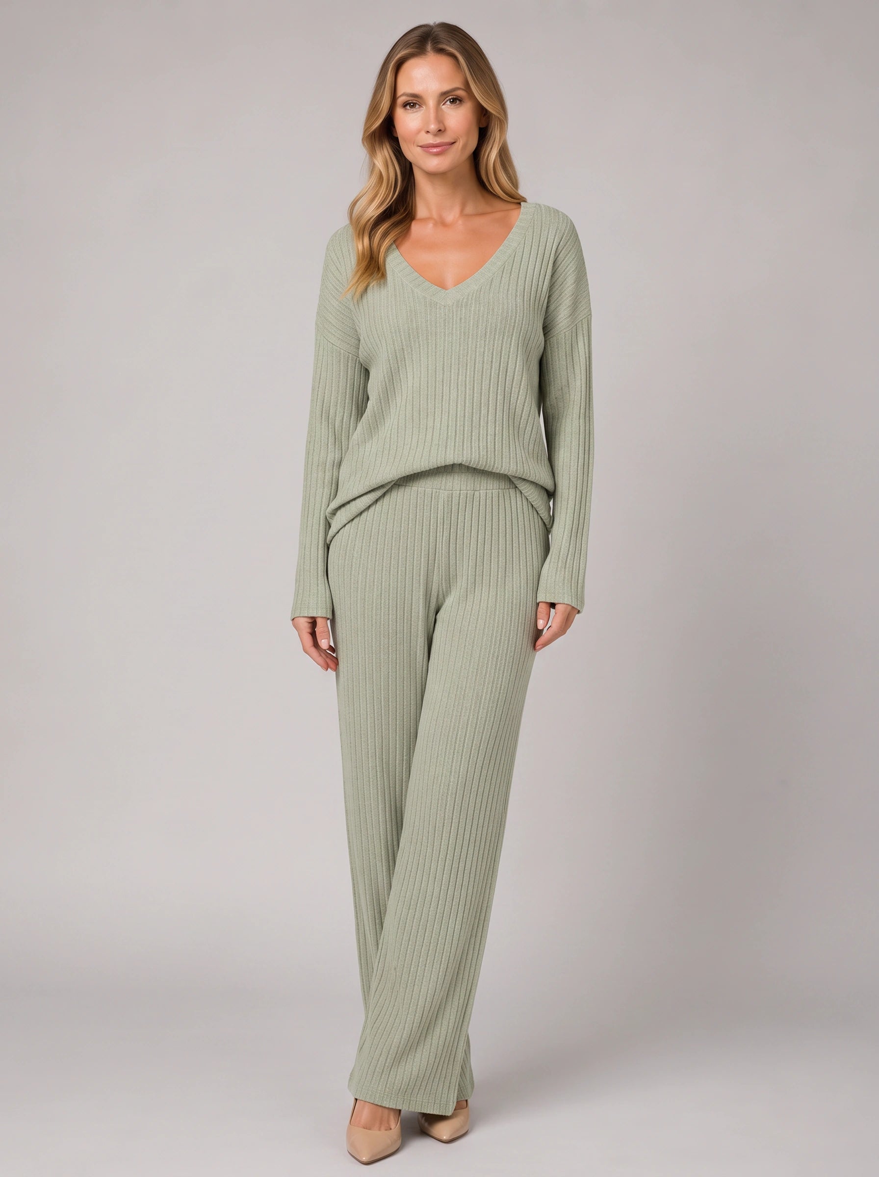 Costara Ribbed V-Neck Lounge Set – Women Knit Sweater Wide Leg Trousers Co-Ord Casual Loungewear