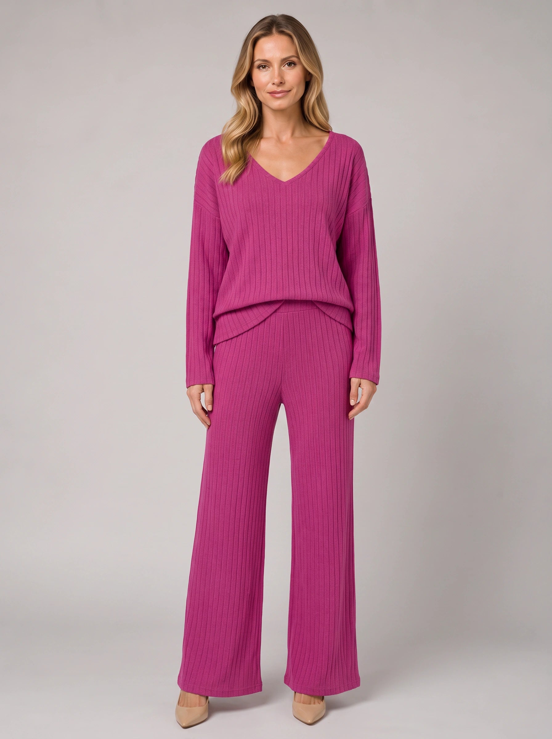 Costara Ribbed V-Neck Lounge Set – Women Knit Sweater Wide Leg Trousers Co-Ord Casual Loungewear