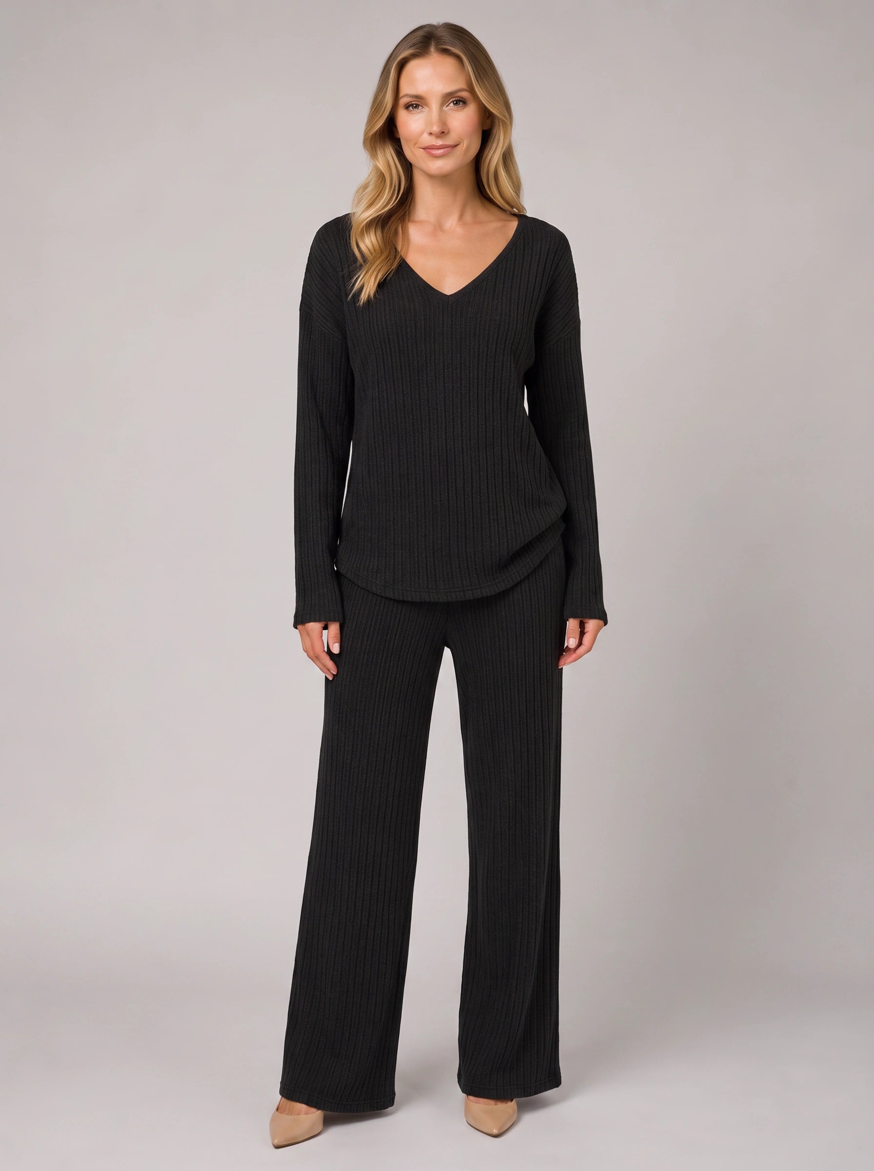 Costara Ribbed V-Neck Lounge Set – Women Knit Sweater Wide Leg Trousers Co-Ord Casual Loungewear