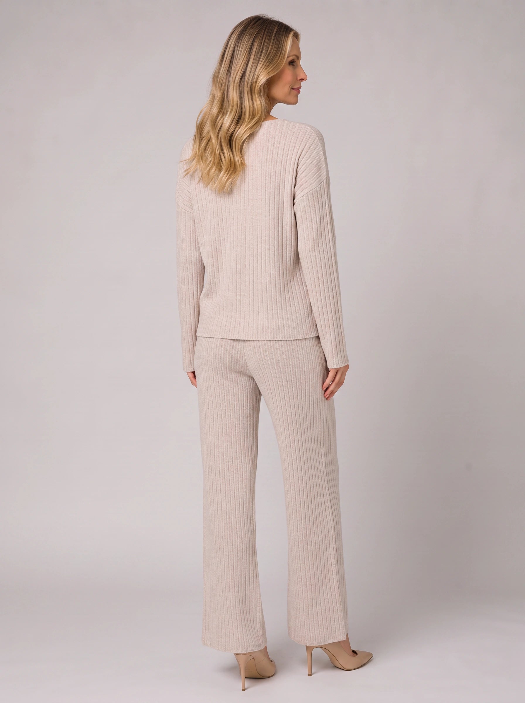 Costara Ribbed V-Neck Lounge Set – Women Knit Sweater Wide Leg Trousers Co-Ord Casual Loungewear