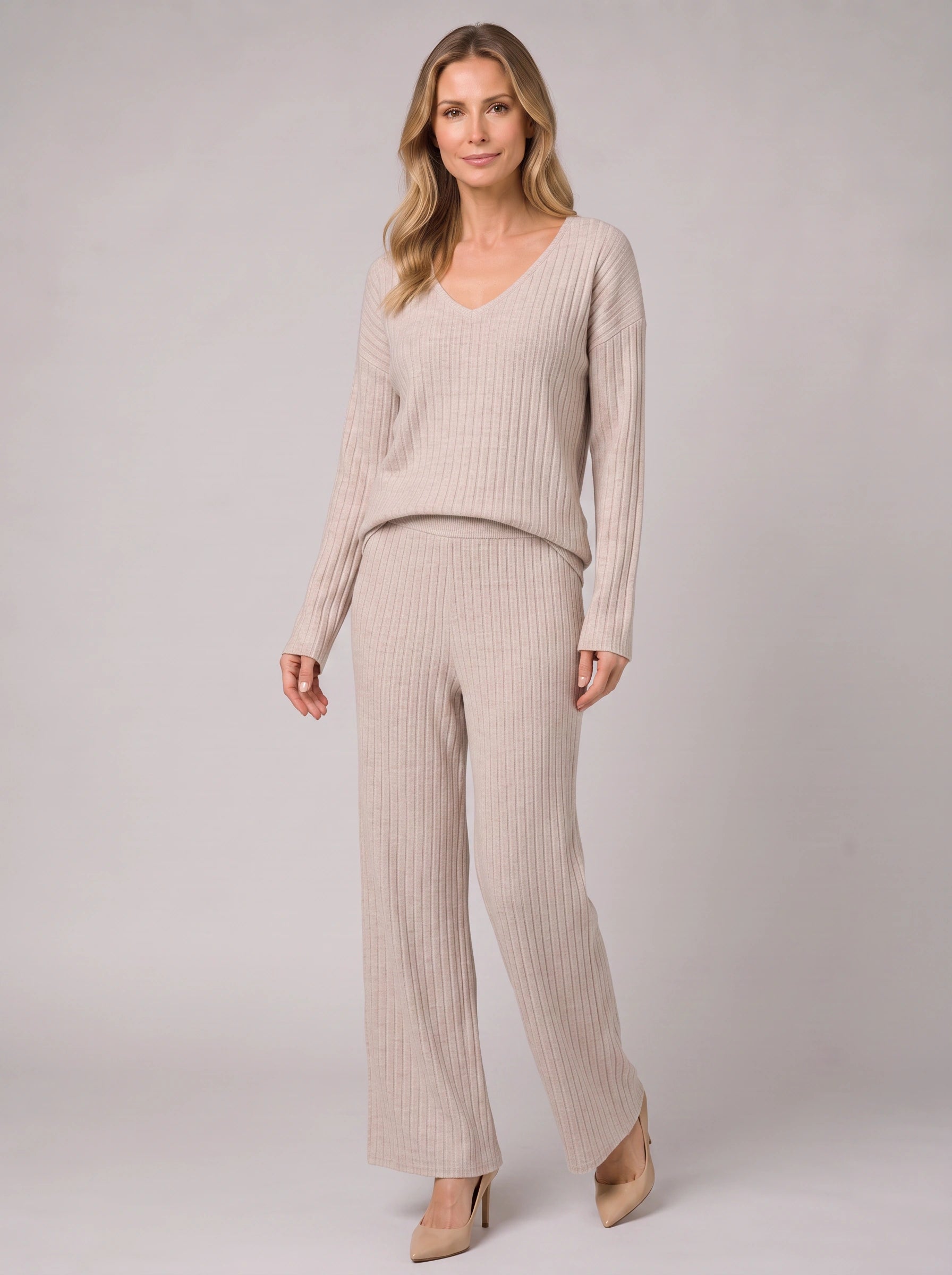 Costara Ribbed V-Neck Lounge Set – Women Knit Sweater Wide Leg Trousers Co-Ord Casual Loungewear