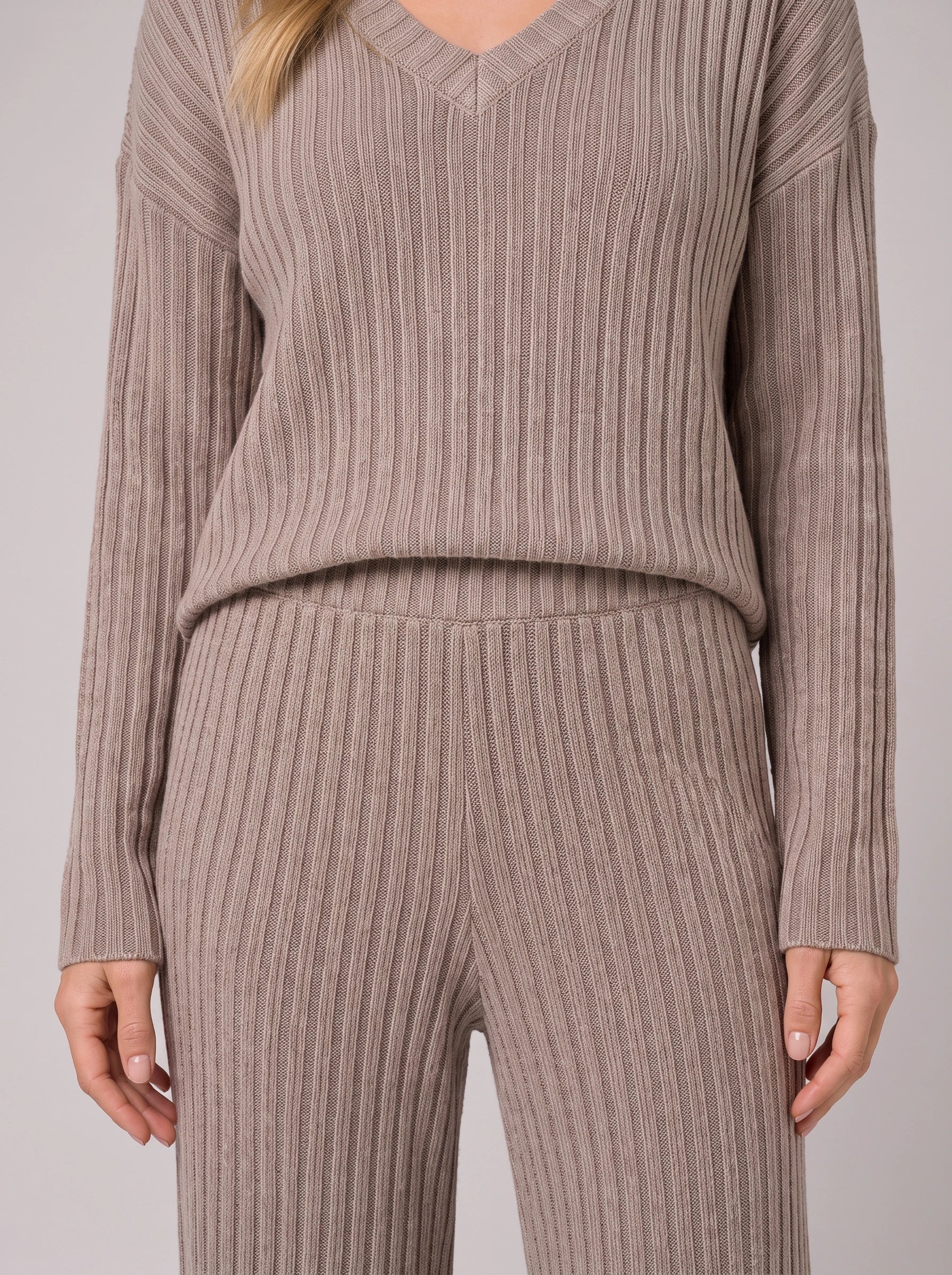 Costara Ribbed V-Neck Lounge Set – Women Knit Sweater Wide Leg Trousers Co-Ord Casual Loungewear