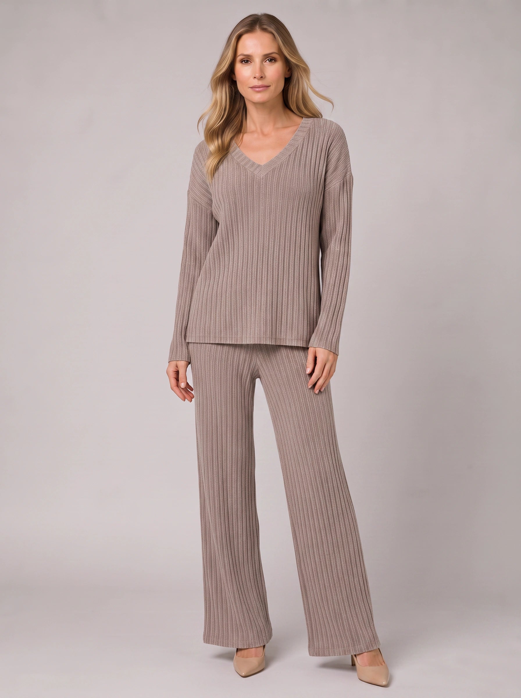 Costara Ribbed V-Neck Lounge Set – Women Knit Sweater Wide Leg Trousers Co-Ord Casual Loungewear