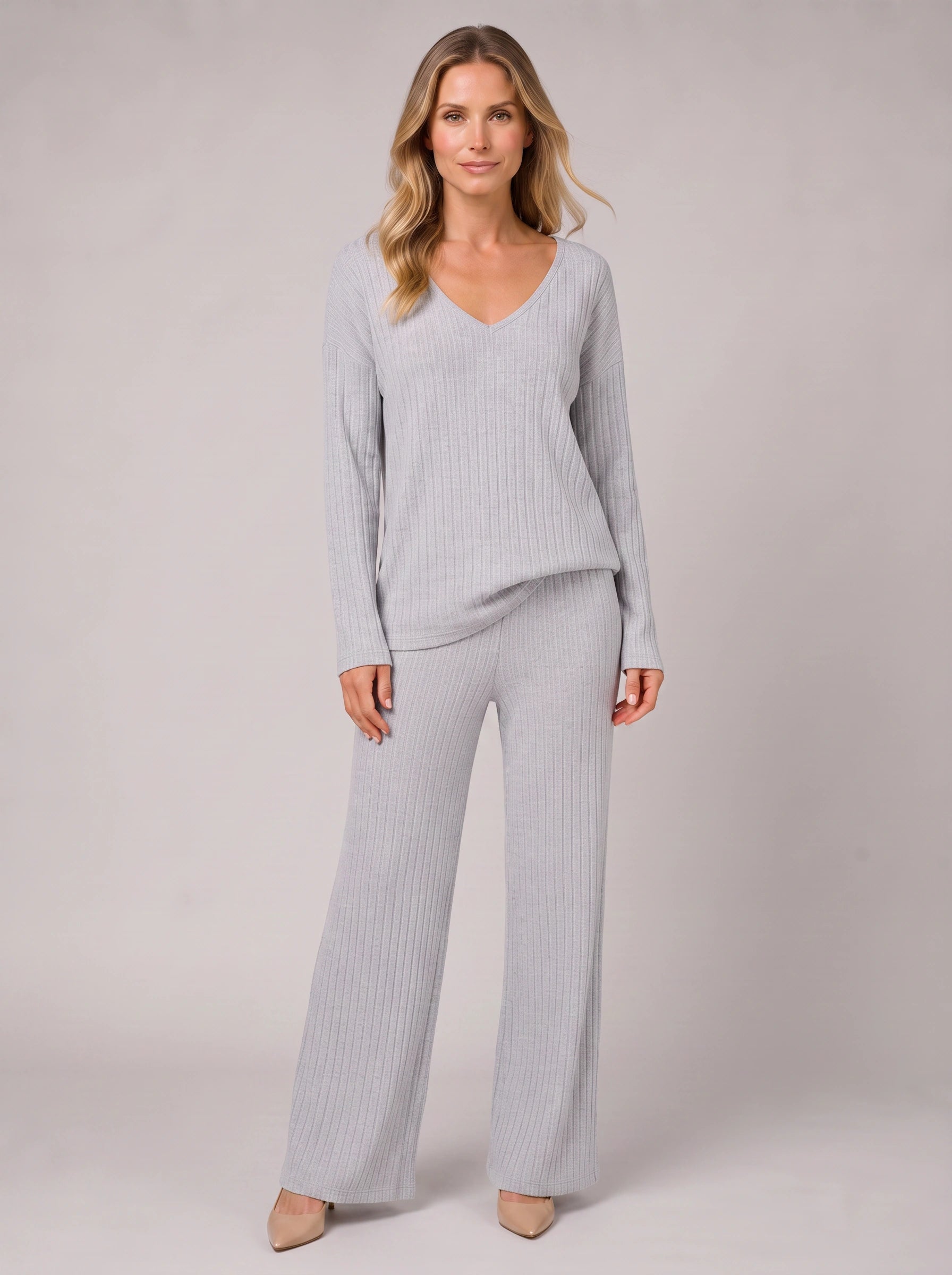Costara Ribbed V-Neck Lounge Set – Women Knit Sweater Wide Leg Trousers Co-Ord Casual Loungewear