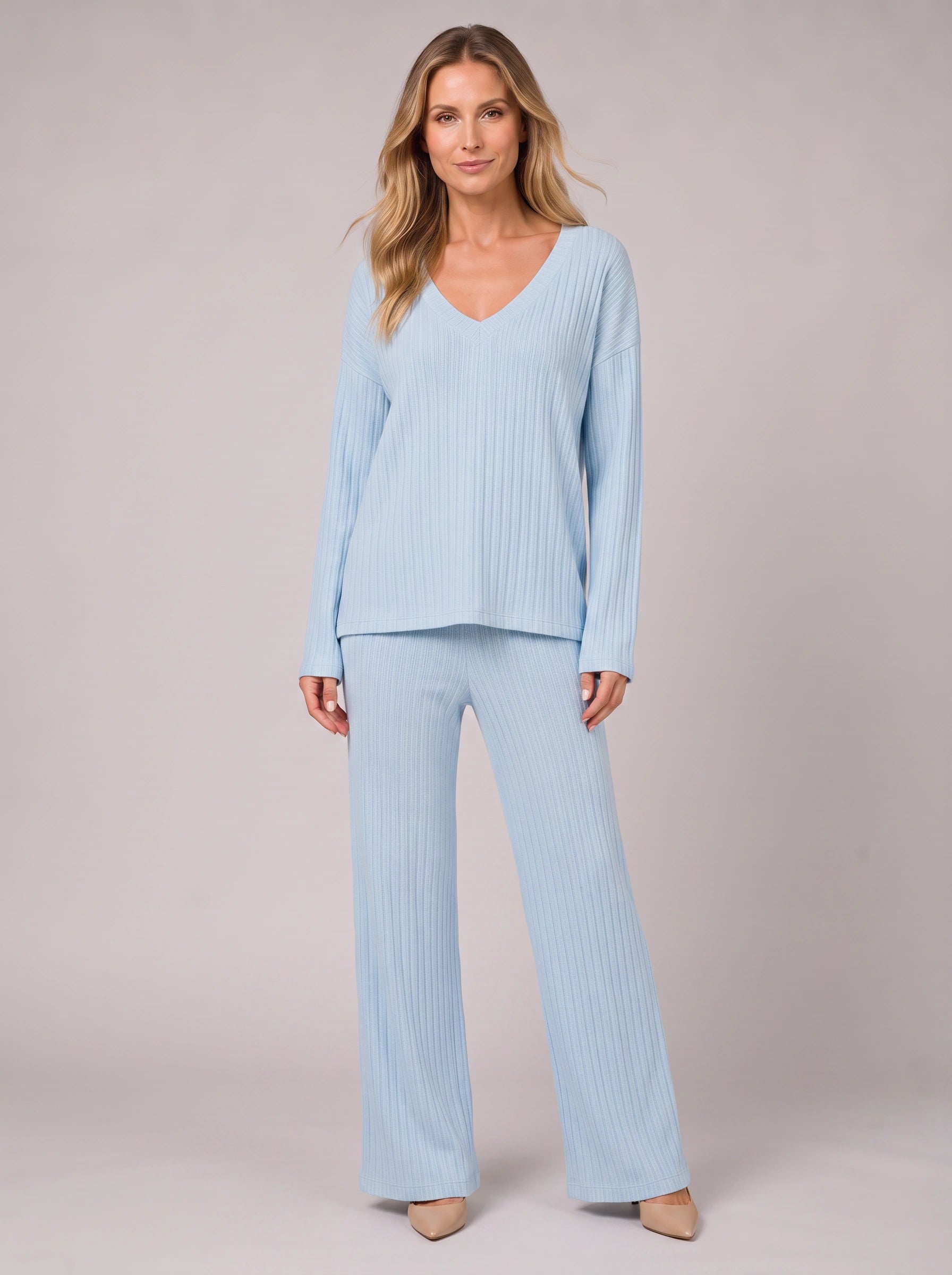 Costara Ribbed V-Neck Lounge Set – Women Knit Sweater Wide Leg Trousers Co-Ord Casual Loungewear