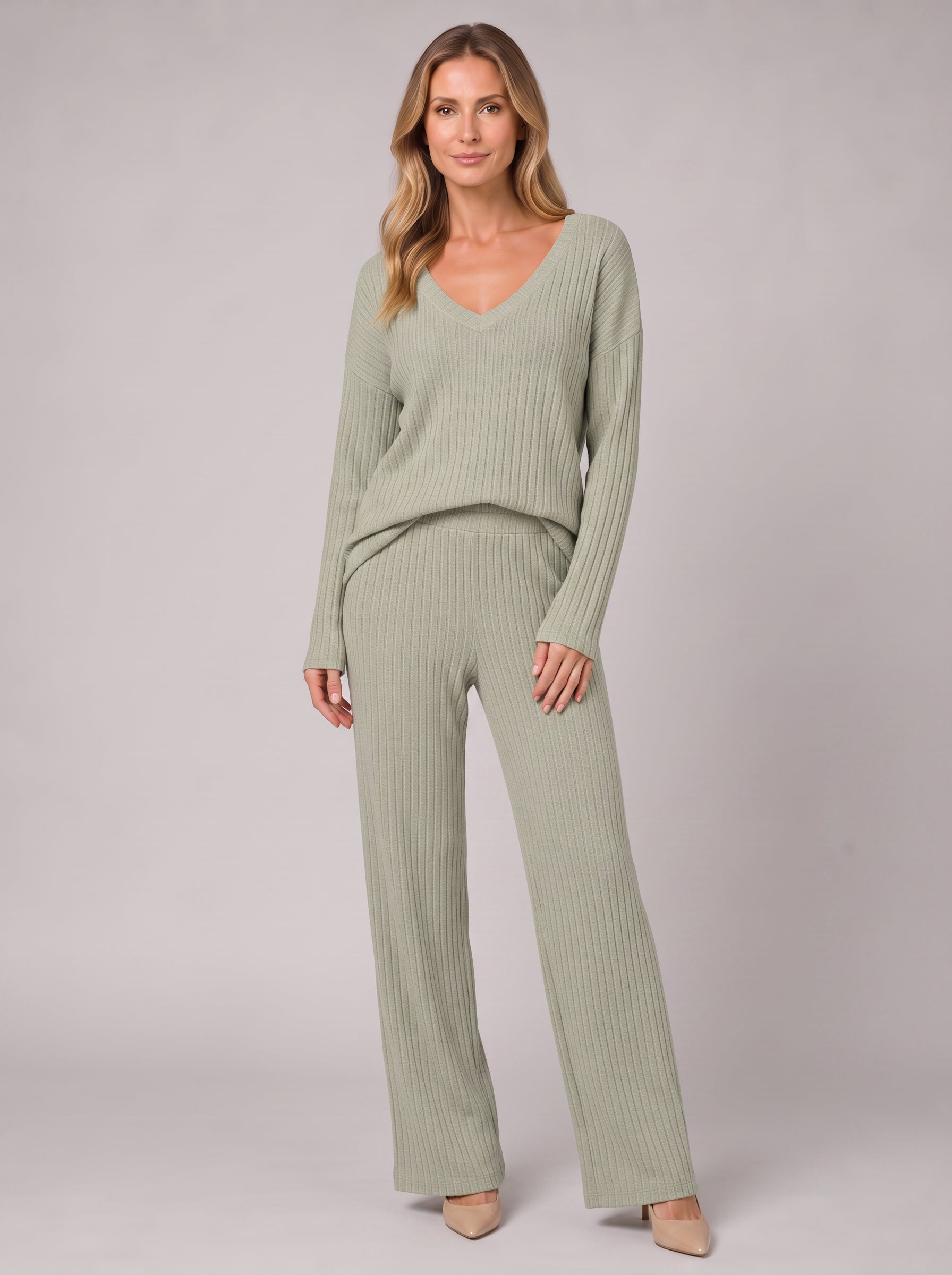 Costara Ribbed V-Neck Lounge Set – Women Knit Sweater Wide Leg Trousers Co-Ord Casual Loungewear