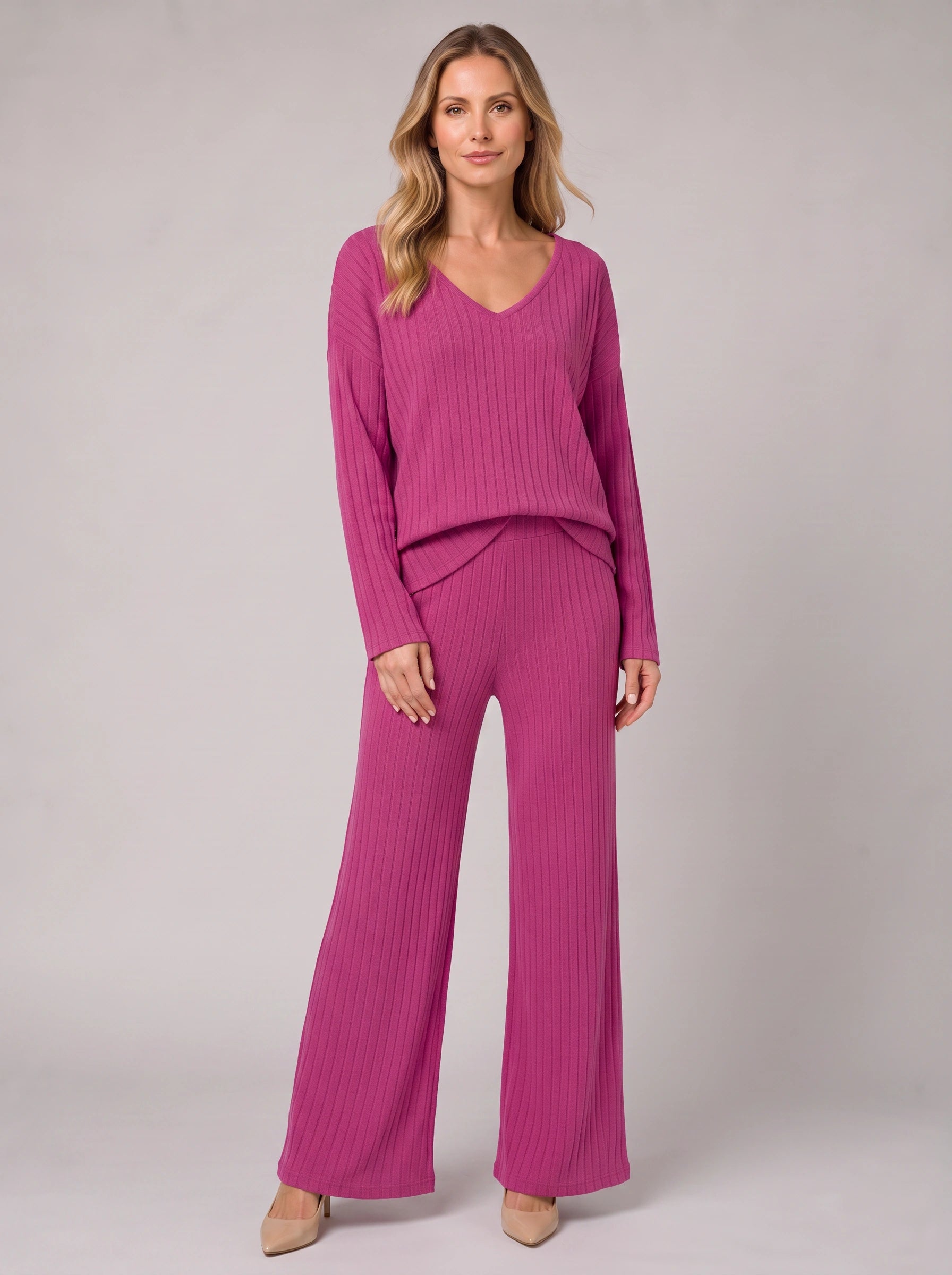 Costara Ribbed V-Neck Lounge Set – Women Knit Sweater Wide Leg Trousers Co-Ord Casual Loungewear