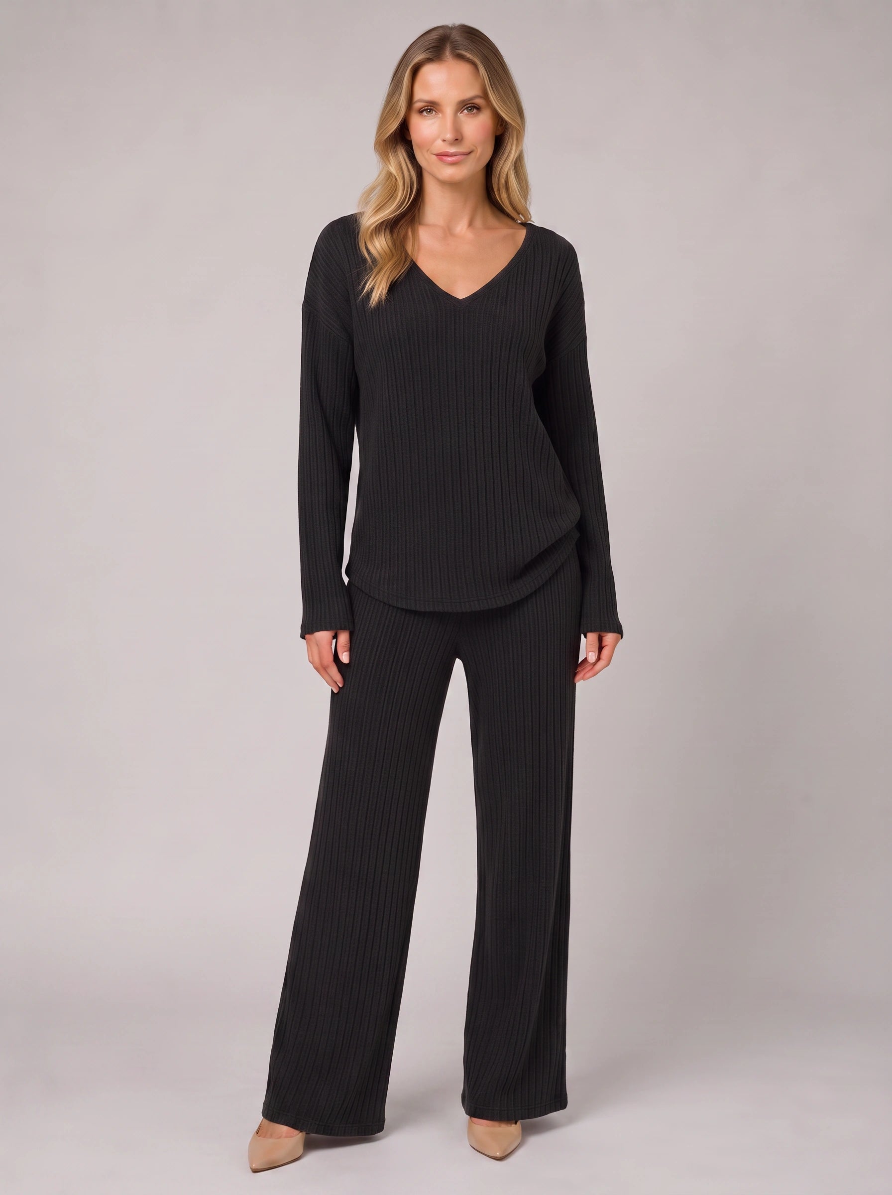 Costara Ribbed V-Neck Lounge Set – Women Knit Sweater Wide Leg Trousers Co-Ord Casual Loungewear