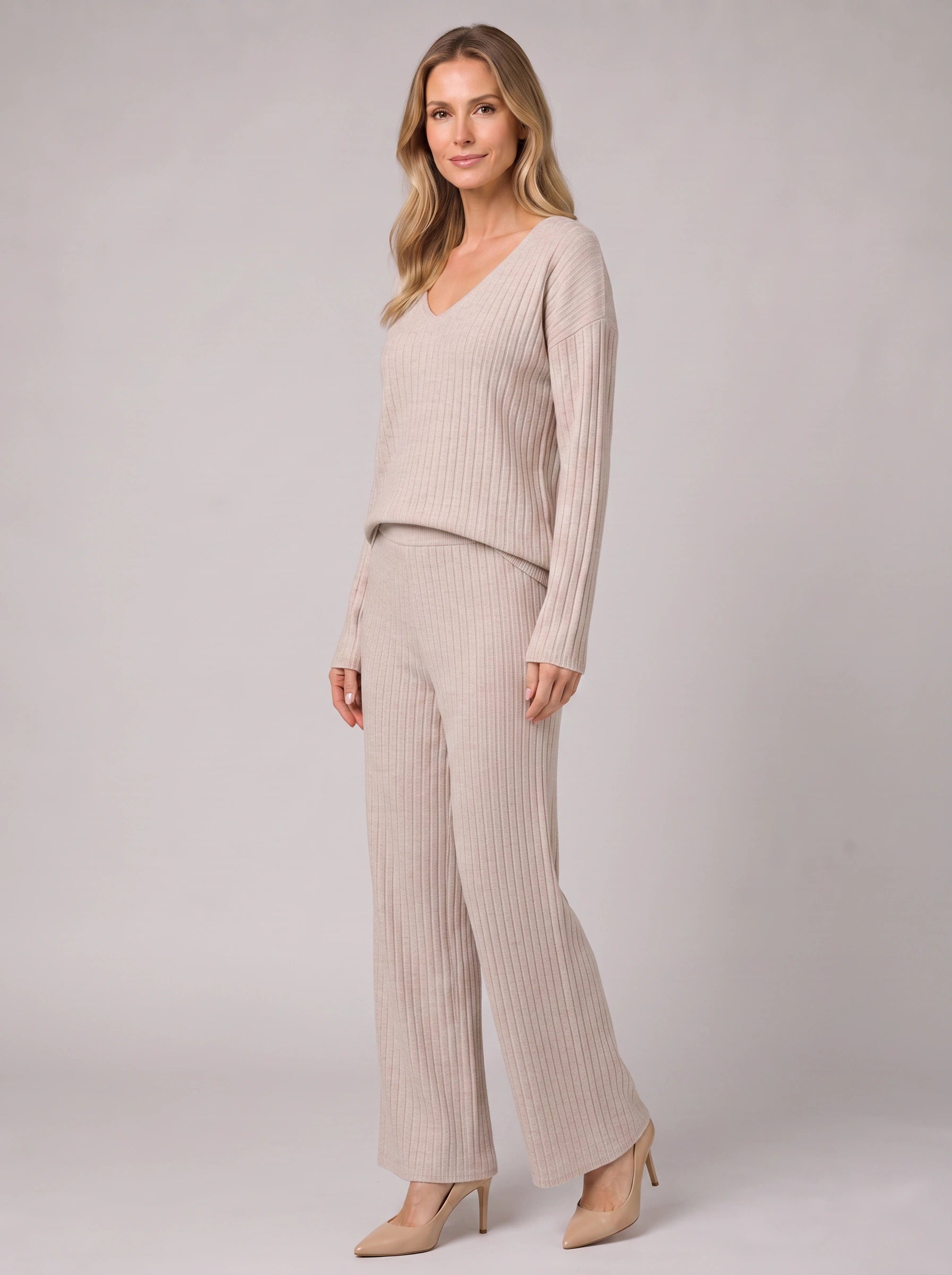 Costara Ribbed V-Neck Lounge Set – Women Knit Sweater Wide Leg Trousers Co-Ord Casual Loungewear